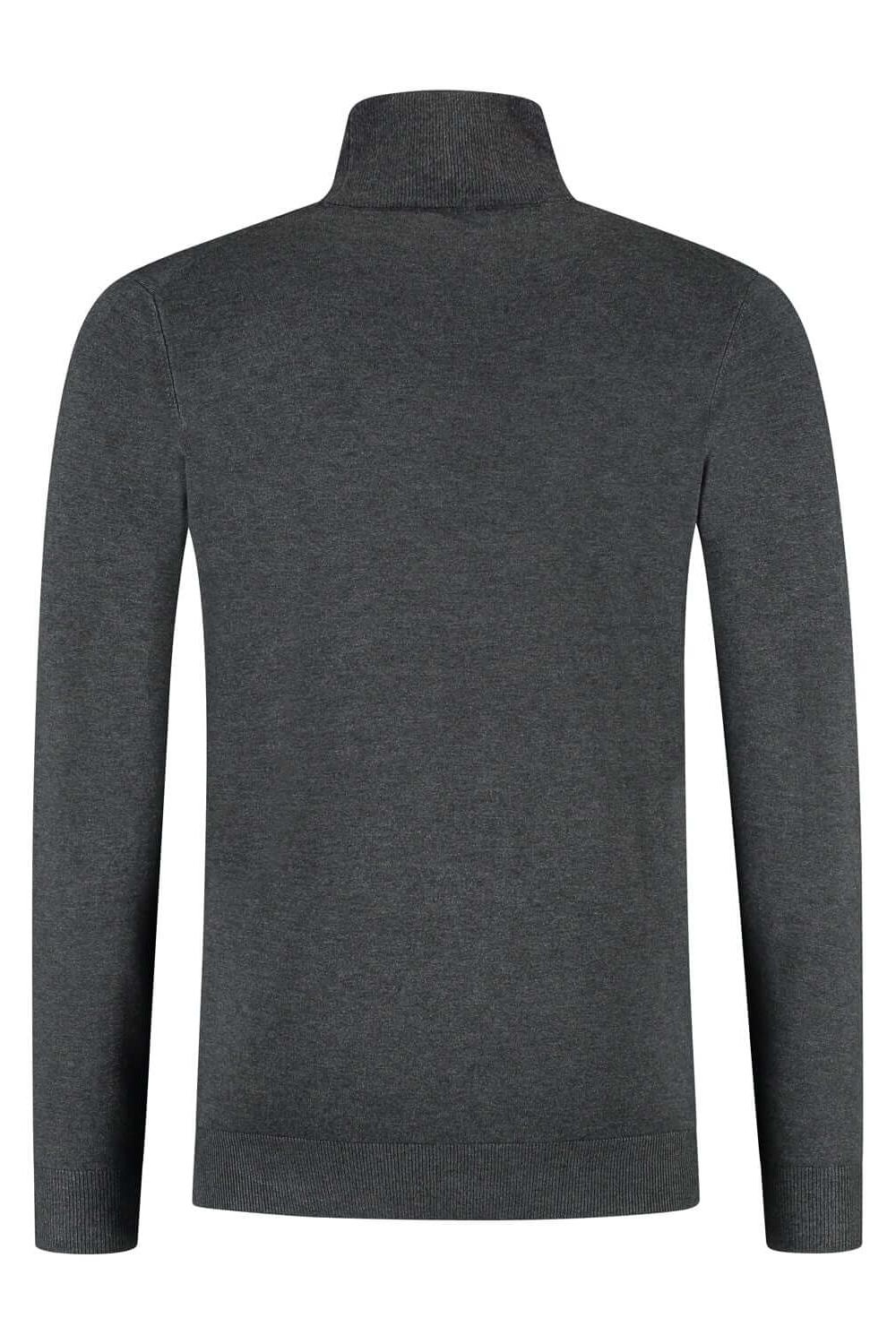 Turtle neck donkergrijs, gebreide koltrui met hoge rolkraag, achterkant van de trui.