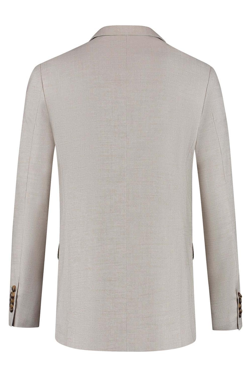 A back view of a light beige suit jacket, showcasing its elegant design and modern fit.