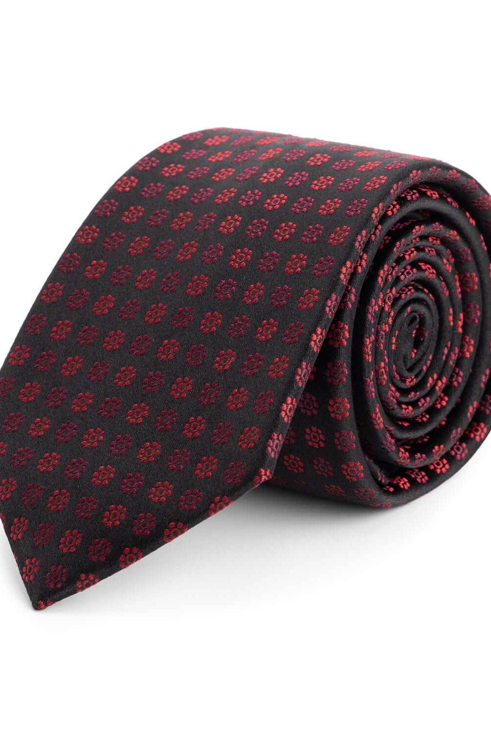Stropdas zijde bloemetje zwart-rood met elegant roodzwart bloemmotief, perfect voor formele gelegenheden.