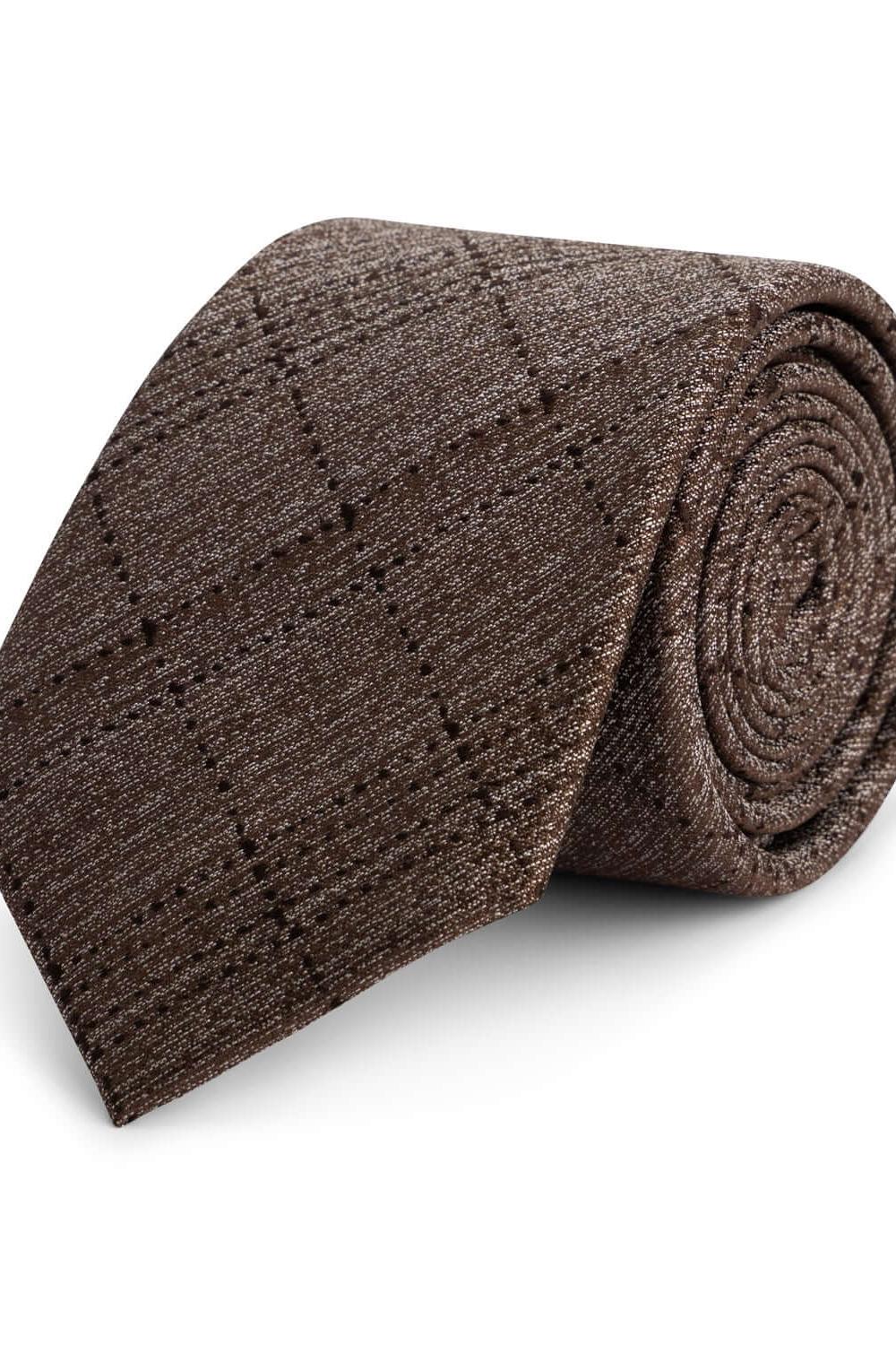 Stropdas zijde ruit bruin, elegante zijden stropdas met ruitpatroon voor een professionele uitstraling.