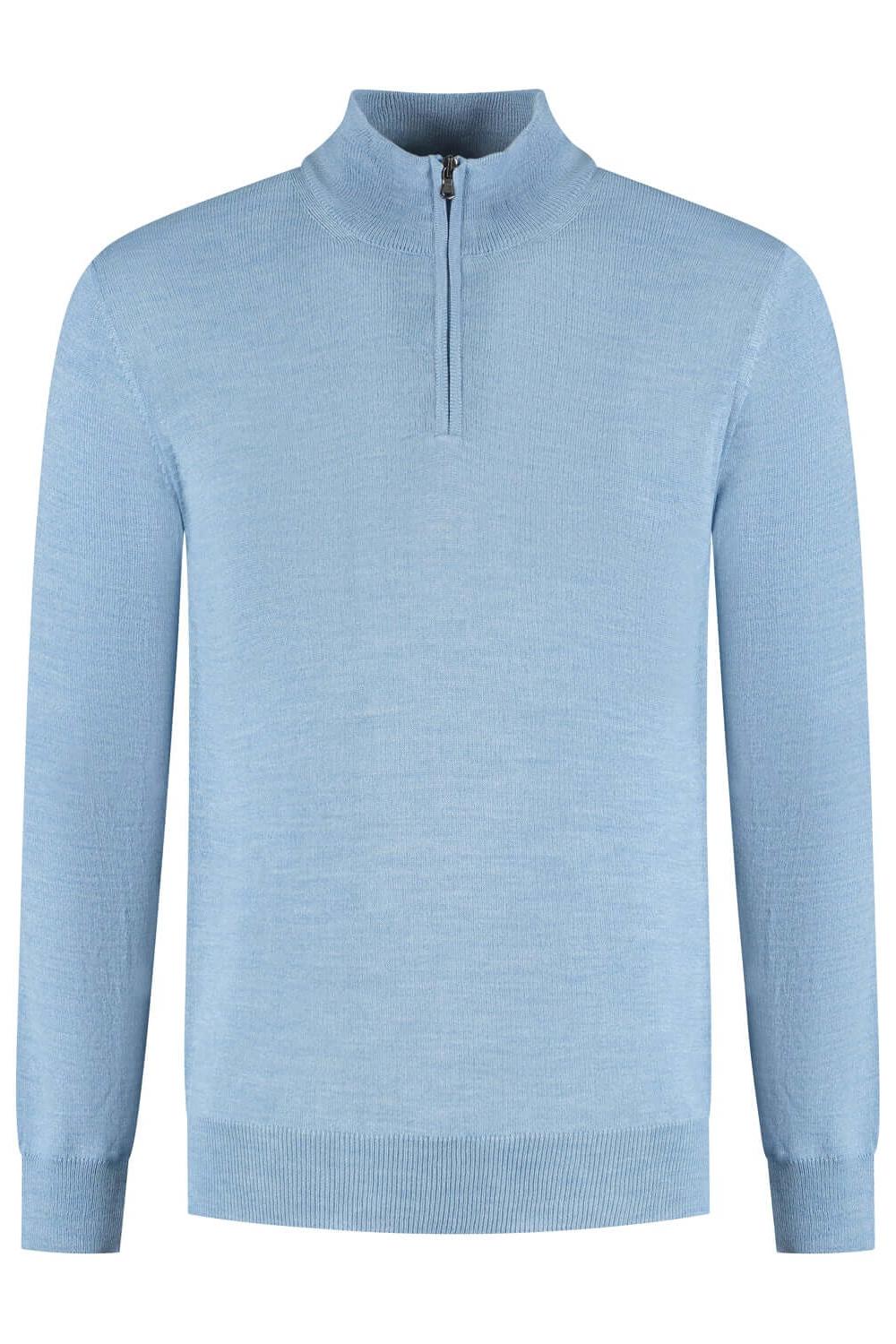 Halfzip merinoblend lichtblauw. Lichtblauwe sweater met ritssluiting en lange mouwen.