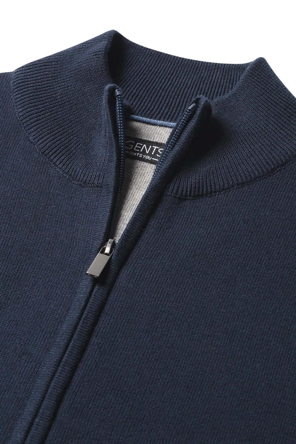 Full zip navy sweatshirt with a smooth zipper in close-up, showcasing the knitted texture.