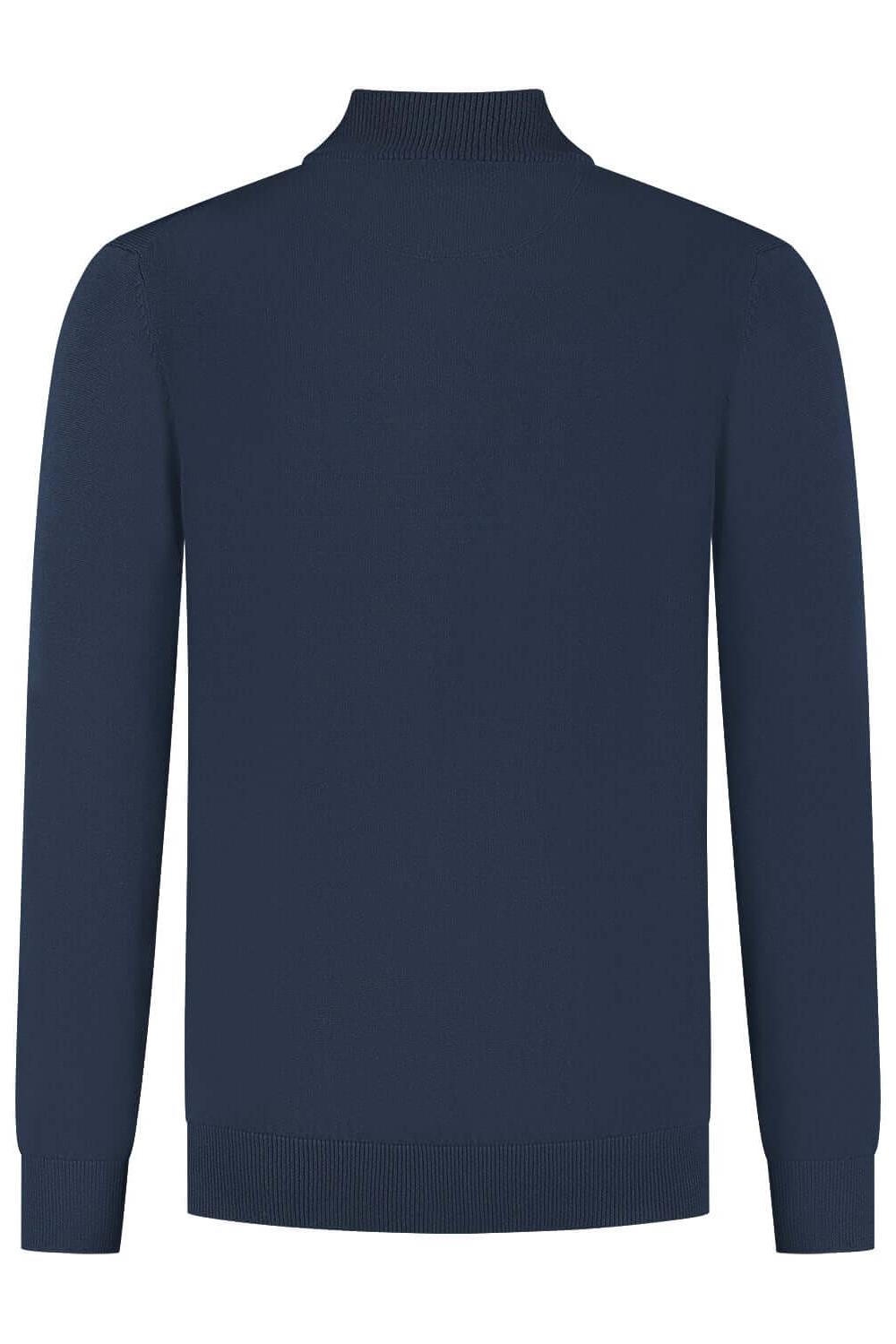 Full zip navy: achterzijde van een katoenen full-zip jack in navy met soepele ritssluiting.