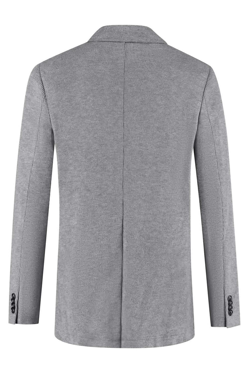 A view of the back of a Colbert stretch cord grijs, showcasing its tailored design and gray fabric.