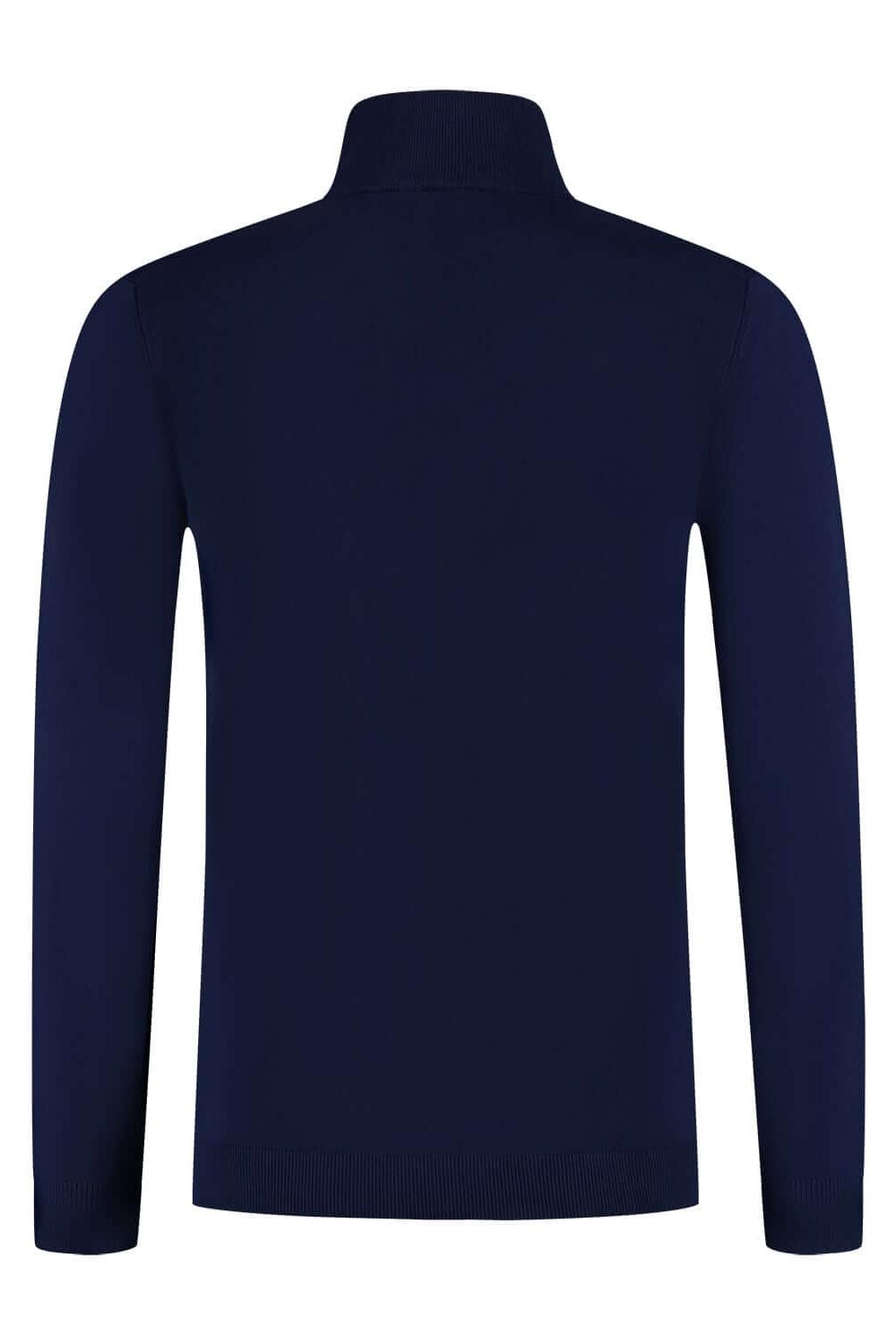 A navy blue turtle neck navy sweater with a high collar and neat finishing from the back.