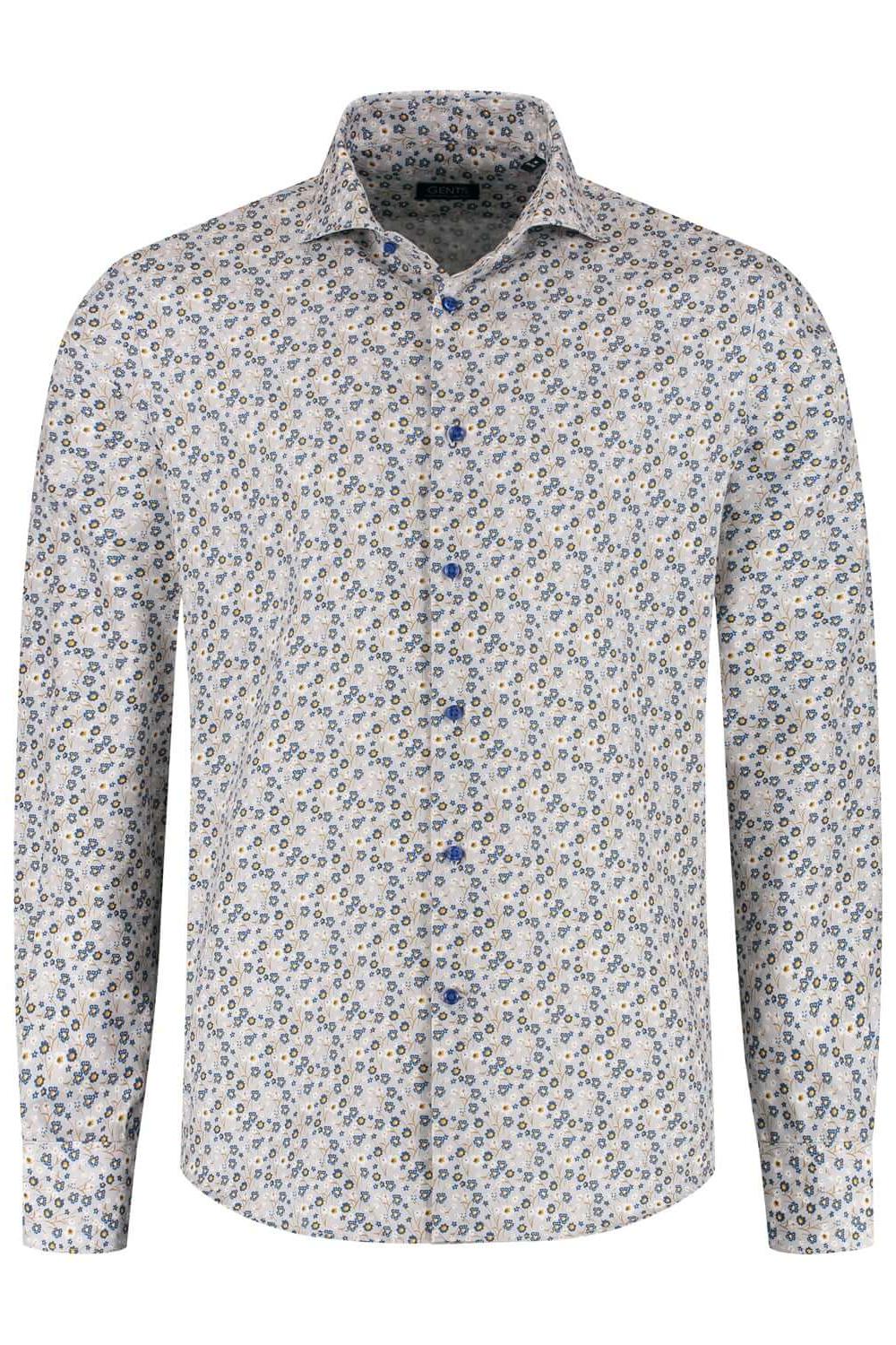 Overhemd bloemetjes print beige-blauw, katoenen shirt met non-iron bloemprint in beige en blauw.
