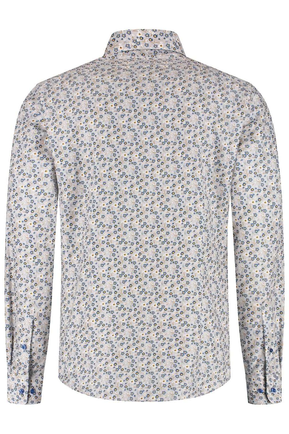 Overhemd bloemetjes print beige-blauw, achterkant zicht van katoen met bloemprint.