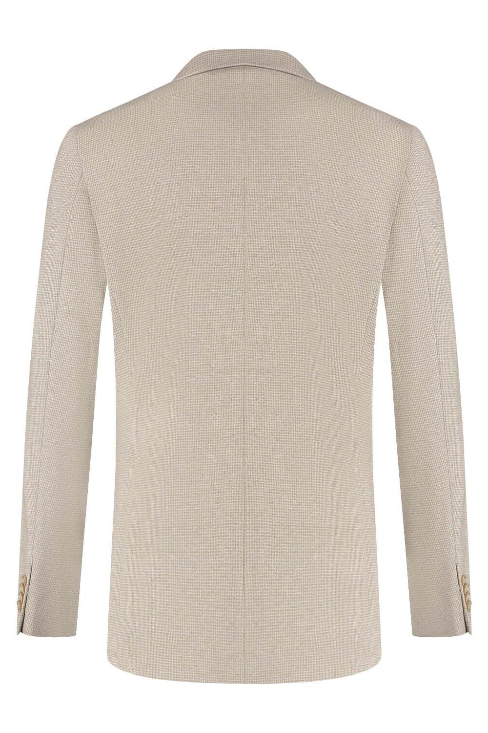 A beige pepita tweedpak jacket showcasing a modern fit with a wrinkle-resistant design.