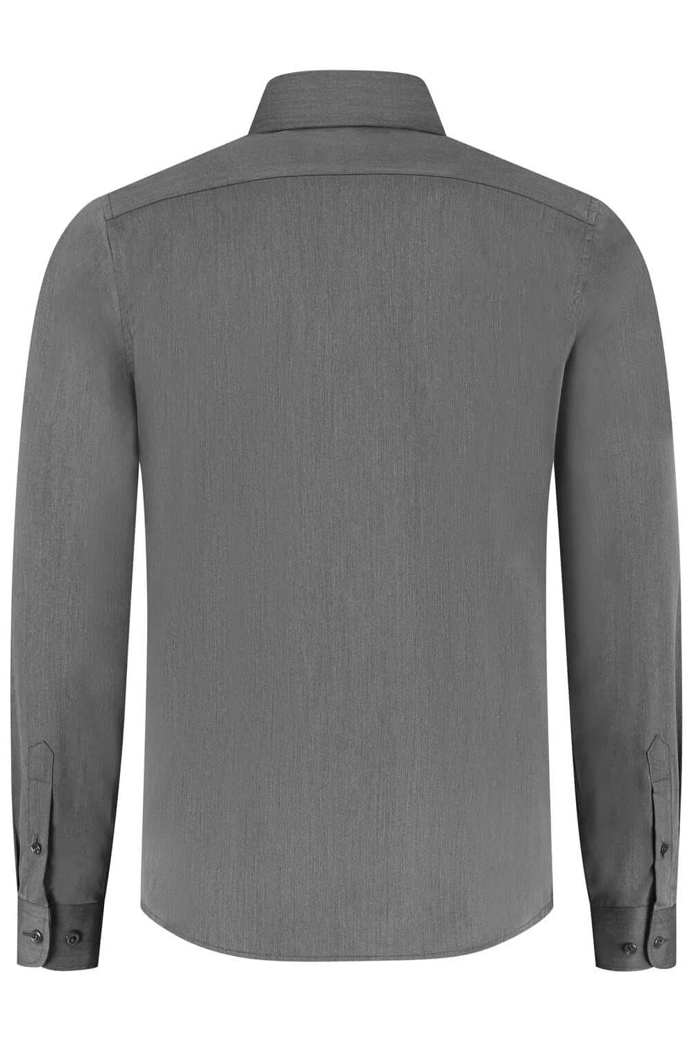 Bamboe uni grijsbruin overhemd achterkant met ademend stretch en zacht draagcomfort.