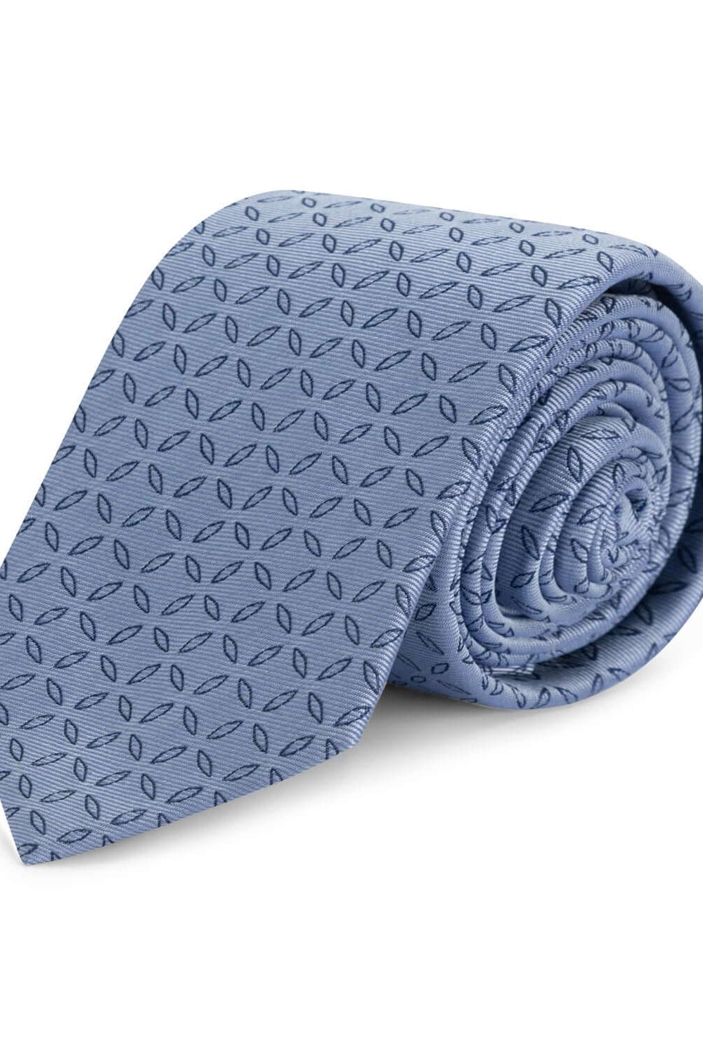 Stropdas zijde print ovaal puntig blauw - donkerblauwe ovale print met puntige tip in een stijlvolle rol