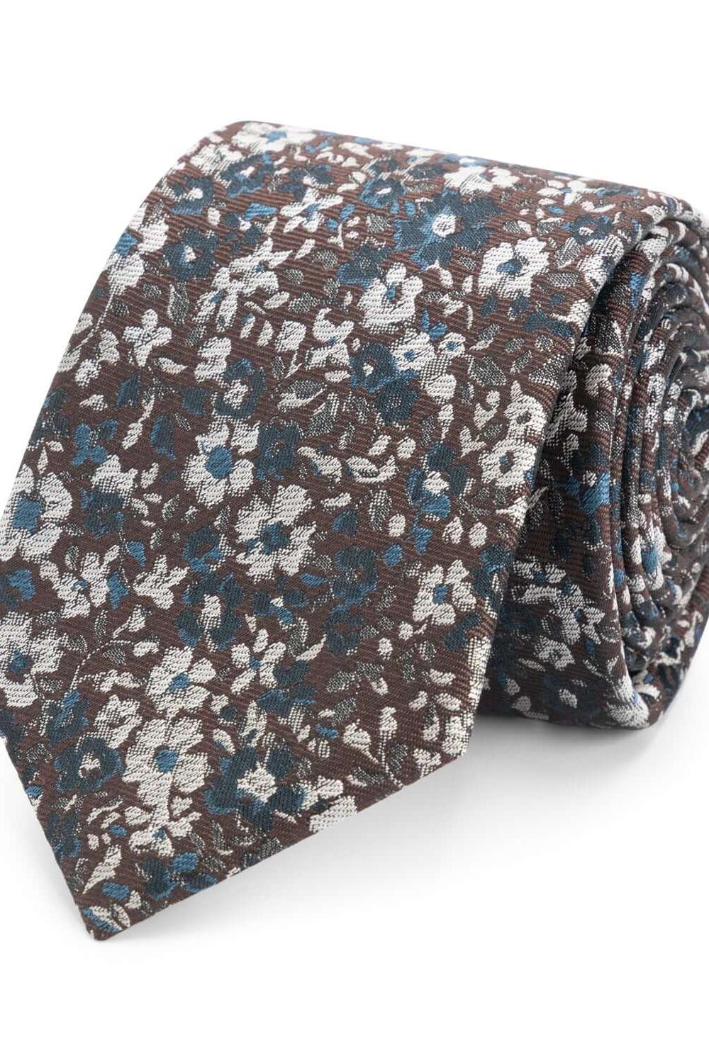 Stropdas zijde print patronen bruin, glanzende bruine stropdas met blauw-witte bloemenprint.