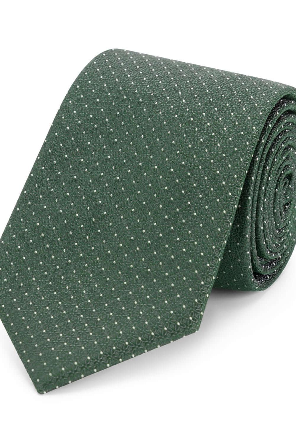 Stropdas zijde print stippel groen, groene zijde stropdas met subtiele stipprint en glans.