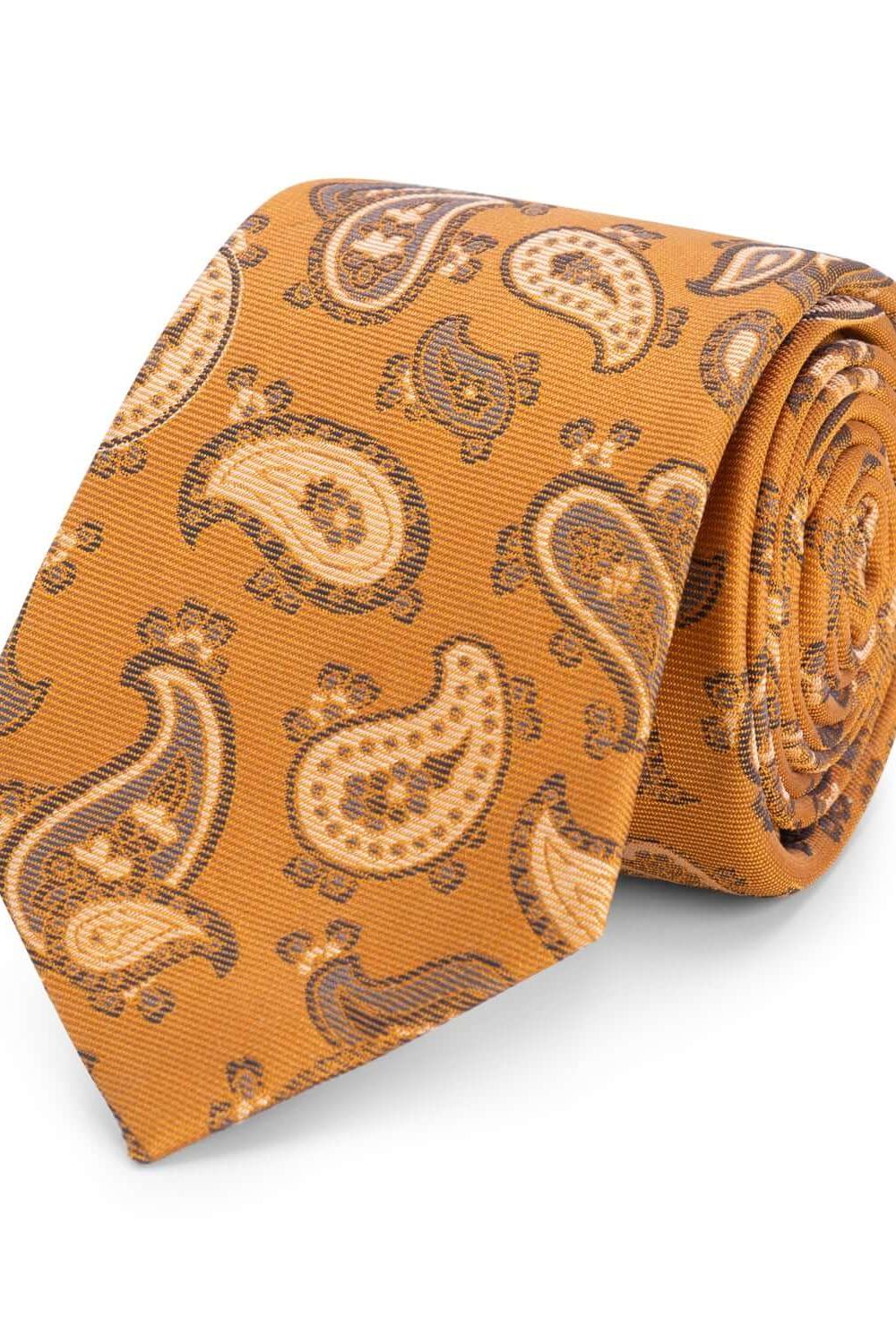 Stropdas zijde print paisley oranje, een stijlvolle oranje paisley zijden stropdas met een glanzend en soepel design.