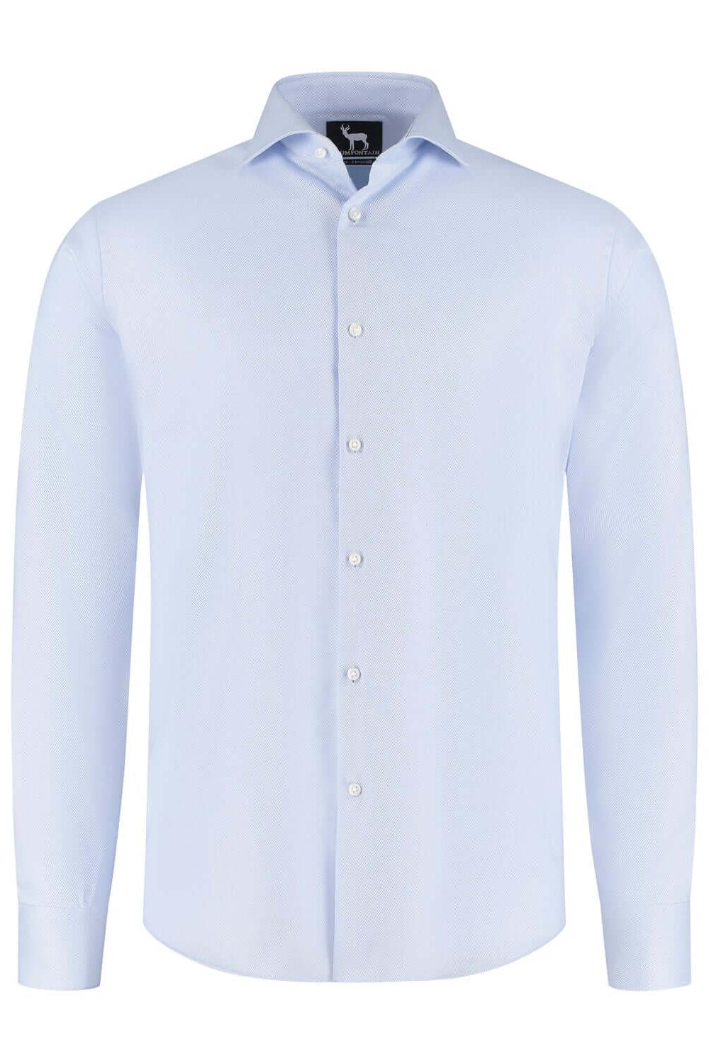 Blumfontain NOS dobby lichtblauw katoenen overhemd met stretch en antikreuk.