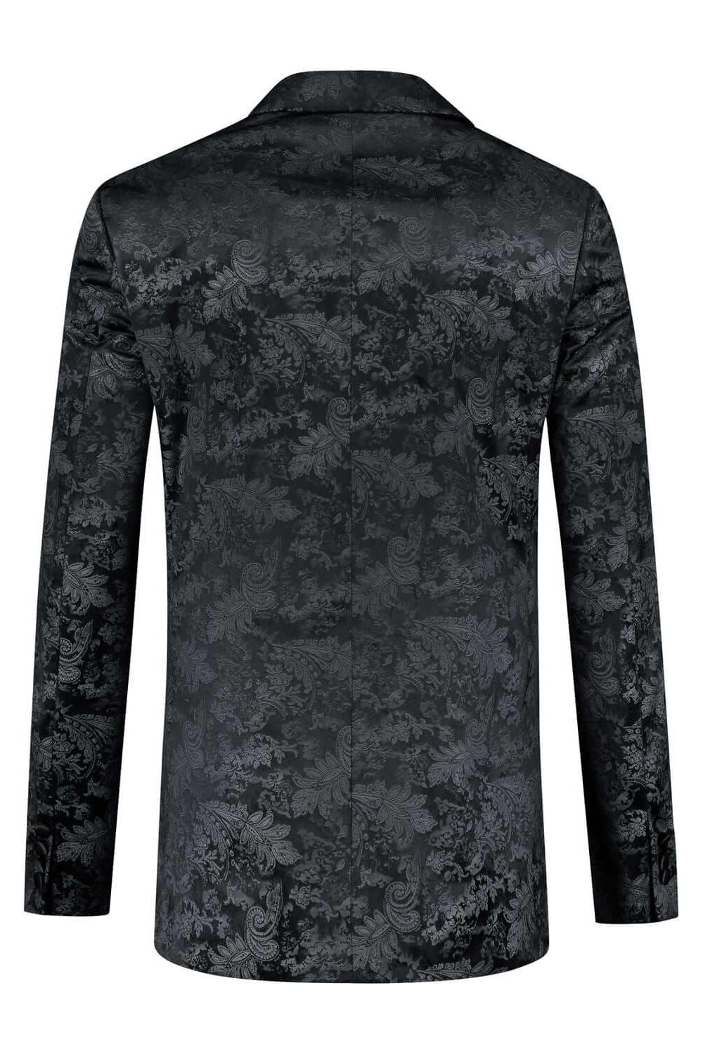Dinnerjacket paisley velvet zwart achterkant met satijnen sjaalkraag en verfijnde voering.