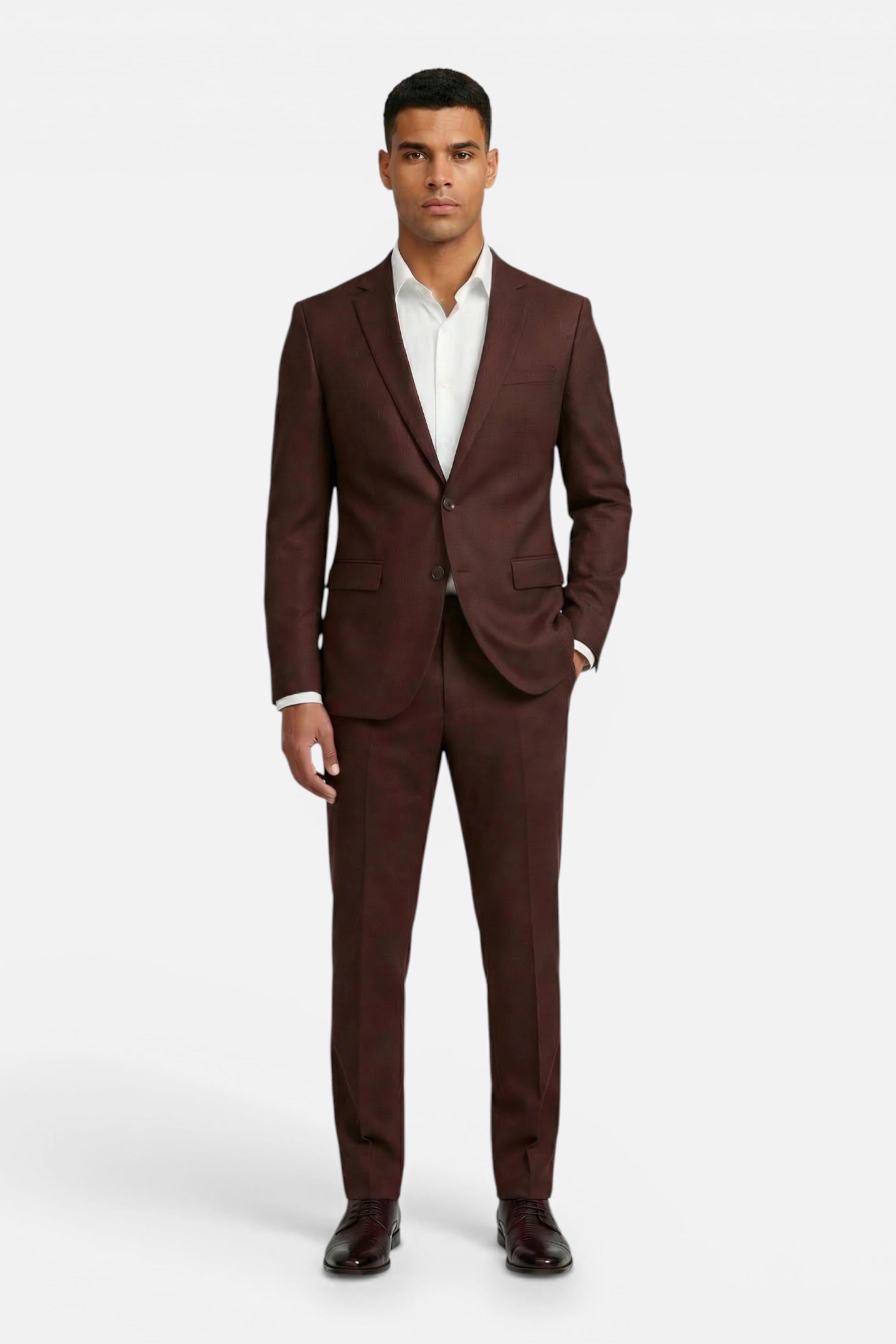 Pak 2-delig kastanje rood model in kastanjekleurig slim-fit kostuum met lange lengte.