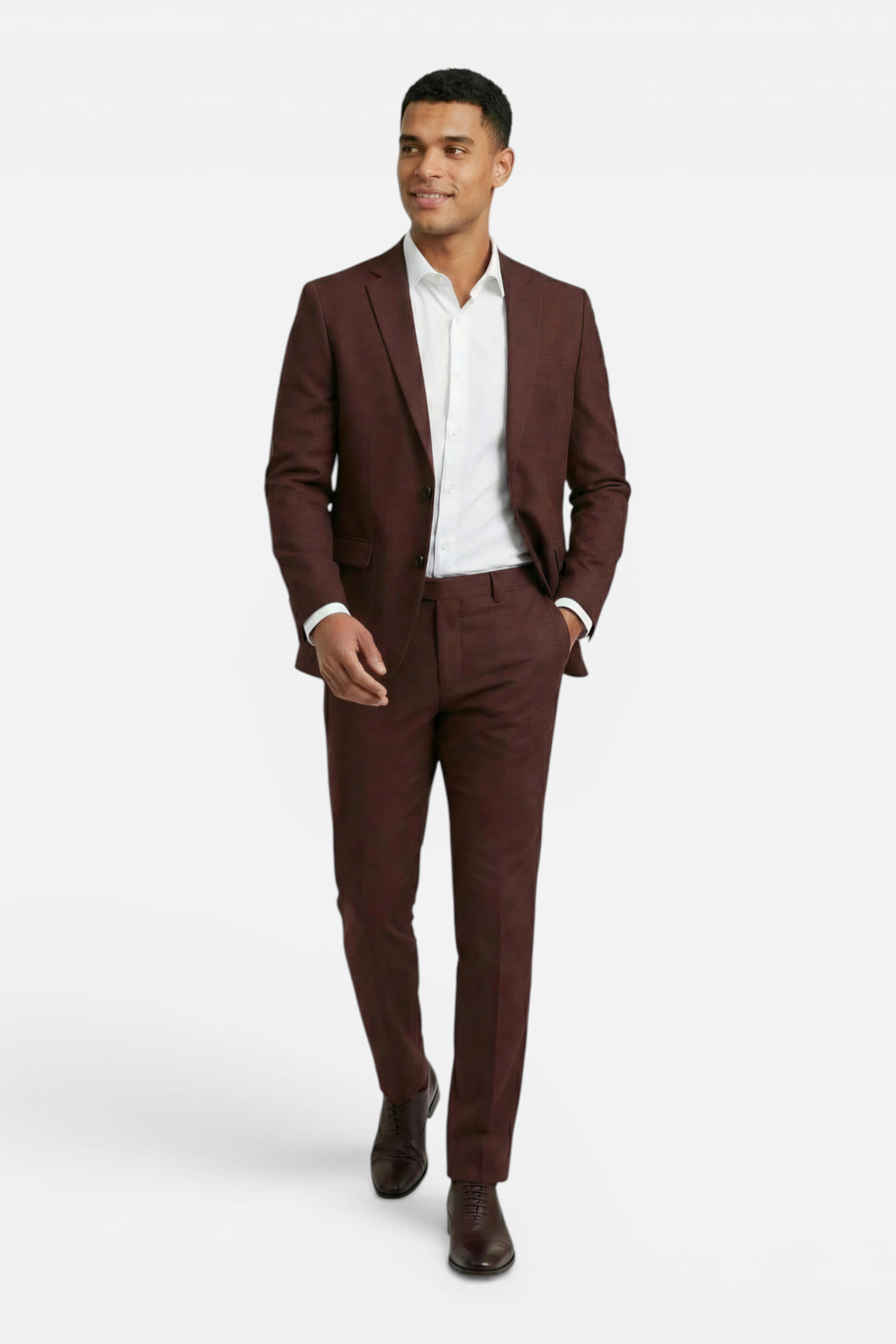 Pak 2-delig kastanje rood met slim-fit snit en lange lengte, elegant en modern.