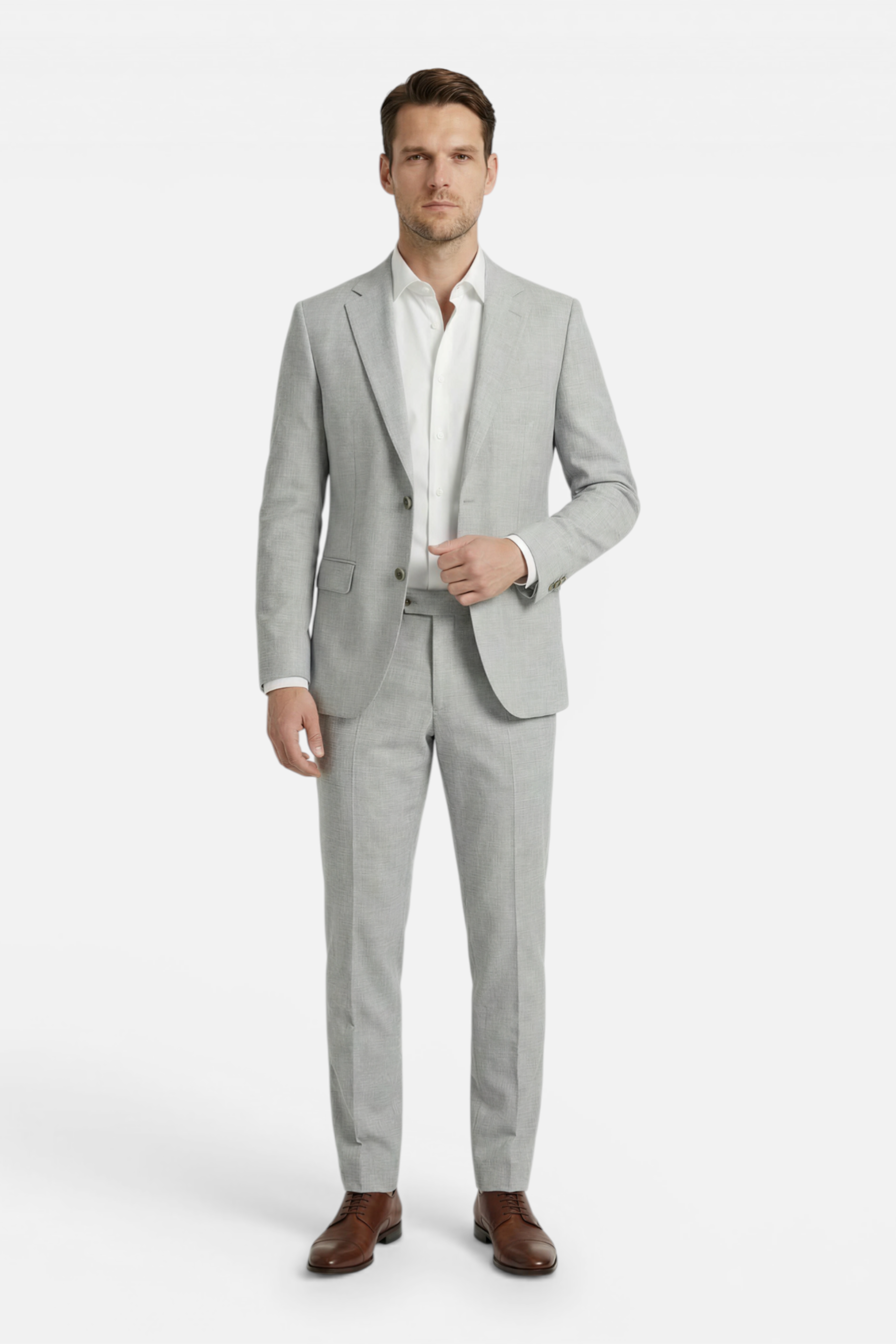 Pak melange Sheffield grijs, stijlvol grijs melange pak met rever en tweeknopsluiting.
