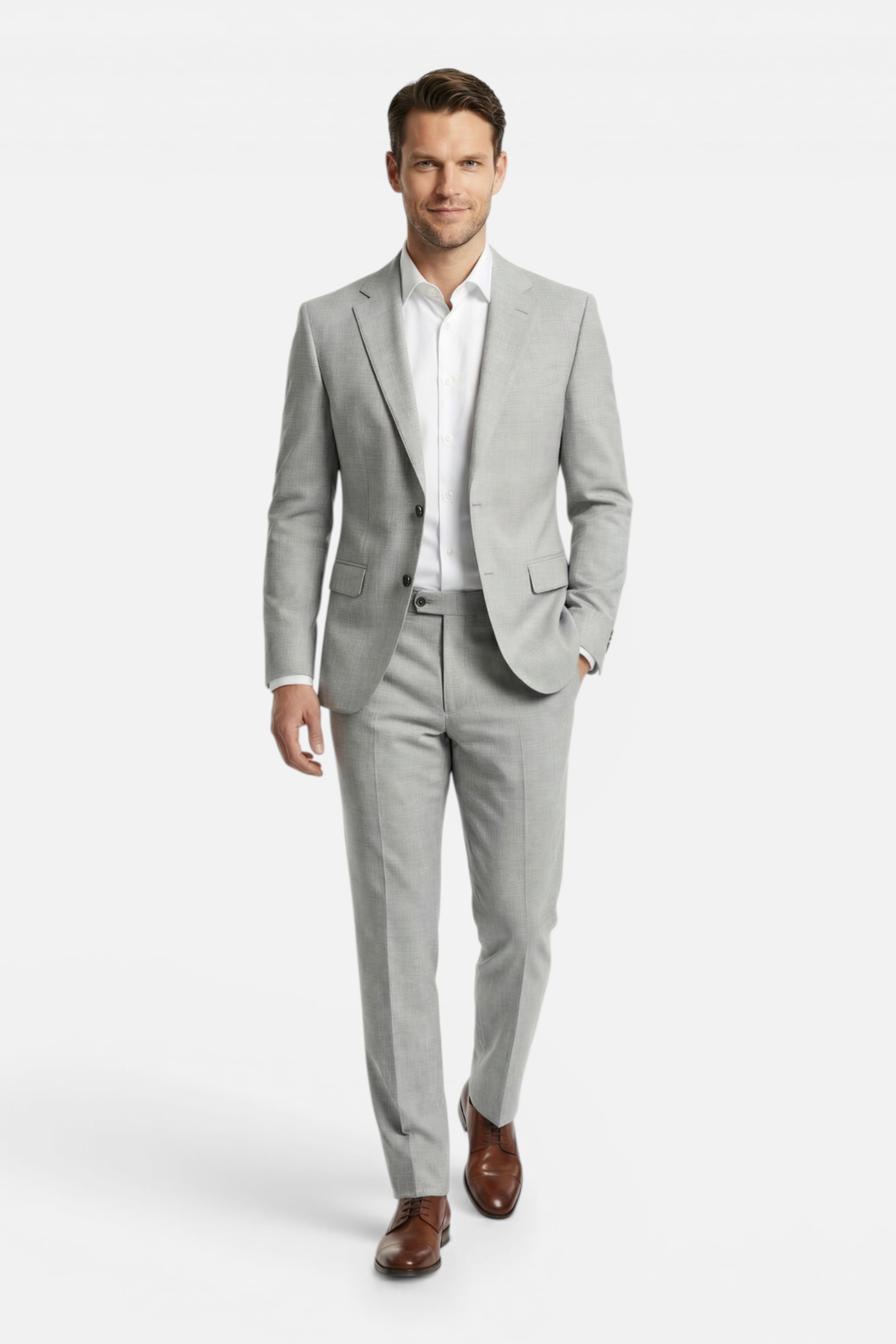 Pak melange Sheffield grijs model in stijlvol grijs met tweeknopsluiting en rever.