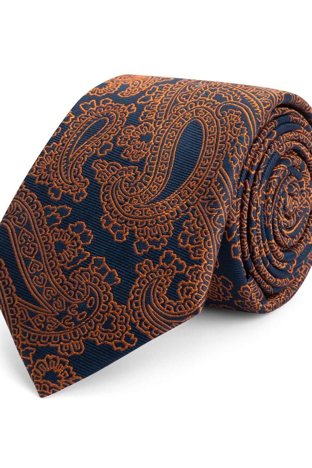 Stropdas zijde print oranje-blauw motieven met gedetailleerd patroon, elegante stropdas in oranje en blauw.
