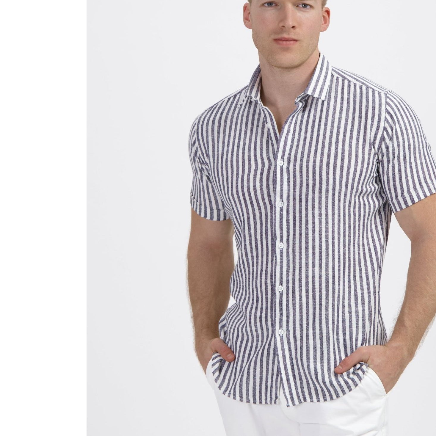 Korte mouw linnen - katoen streep blauw - Gents