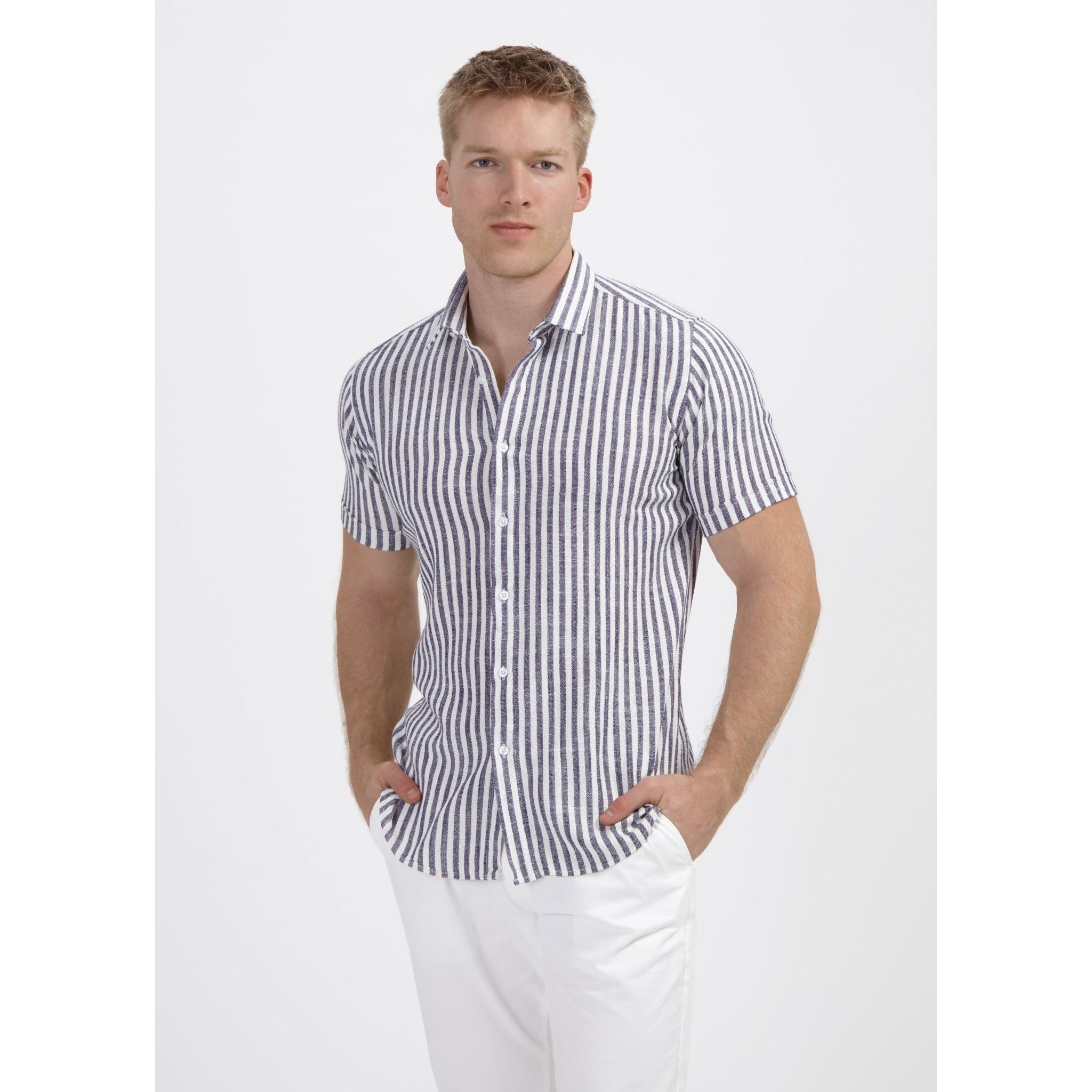 Korte mouw linnen - katoen streep blauw - Gents