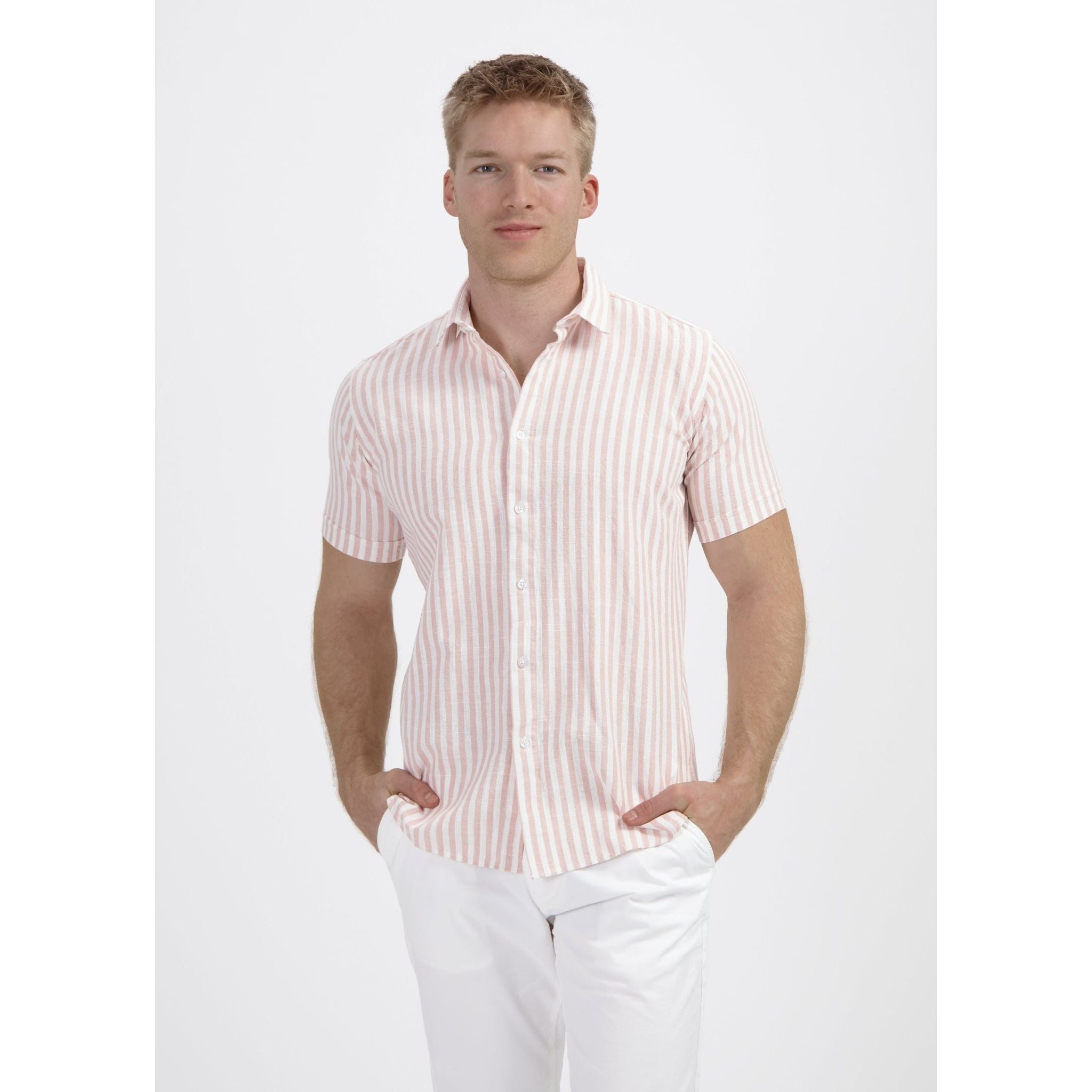 Korte mouw linnen - katoen streep zalmroze - Gents