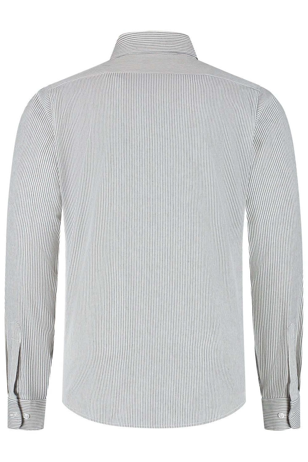 Overhemd stretch streep grijs, achterkant van een grijs gestreept overhemd met stretch en ademende stof.
