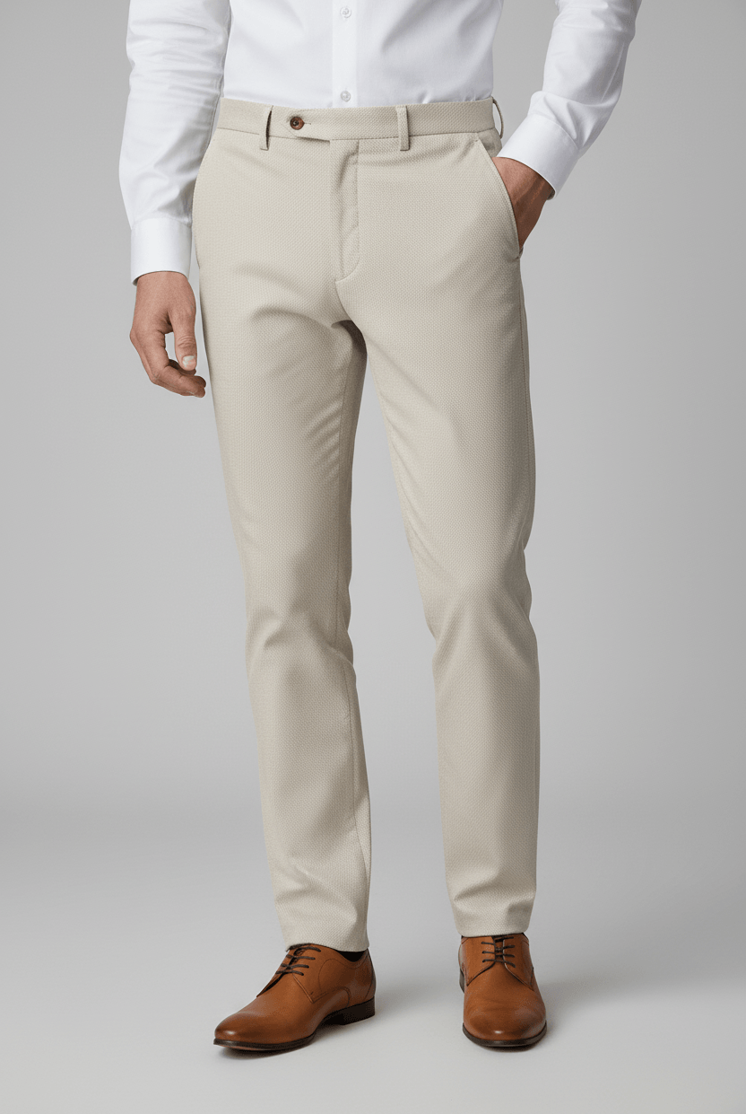 Pantalon stretchkatoen zand, zandkleurige stretchkatoenen broek met ademend vermogen.