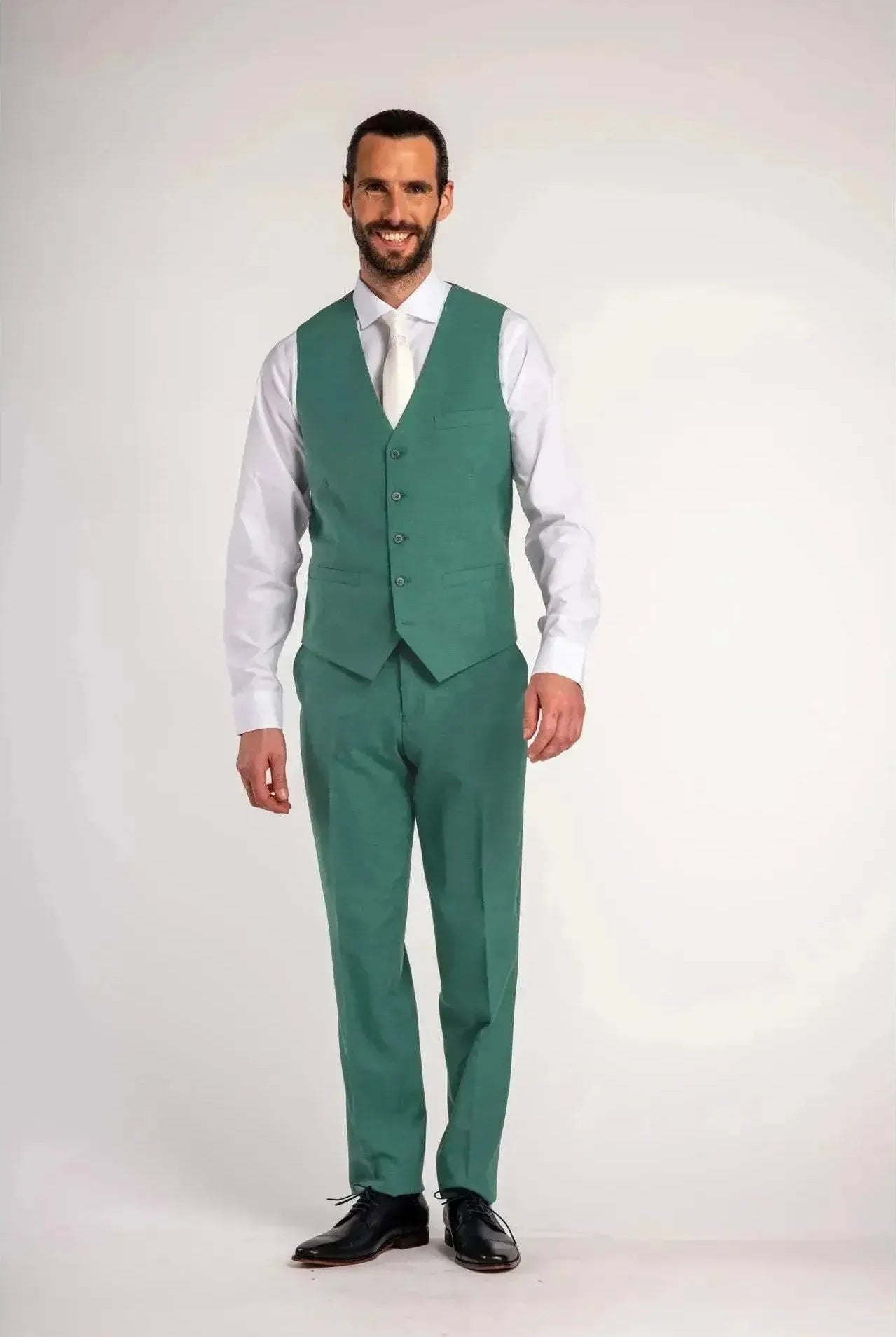 Pak ceder groen 3-delig herenpak met vest, overhemd en broek in een stijlvolle groene kleur.