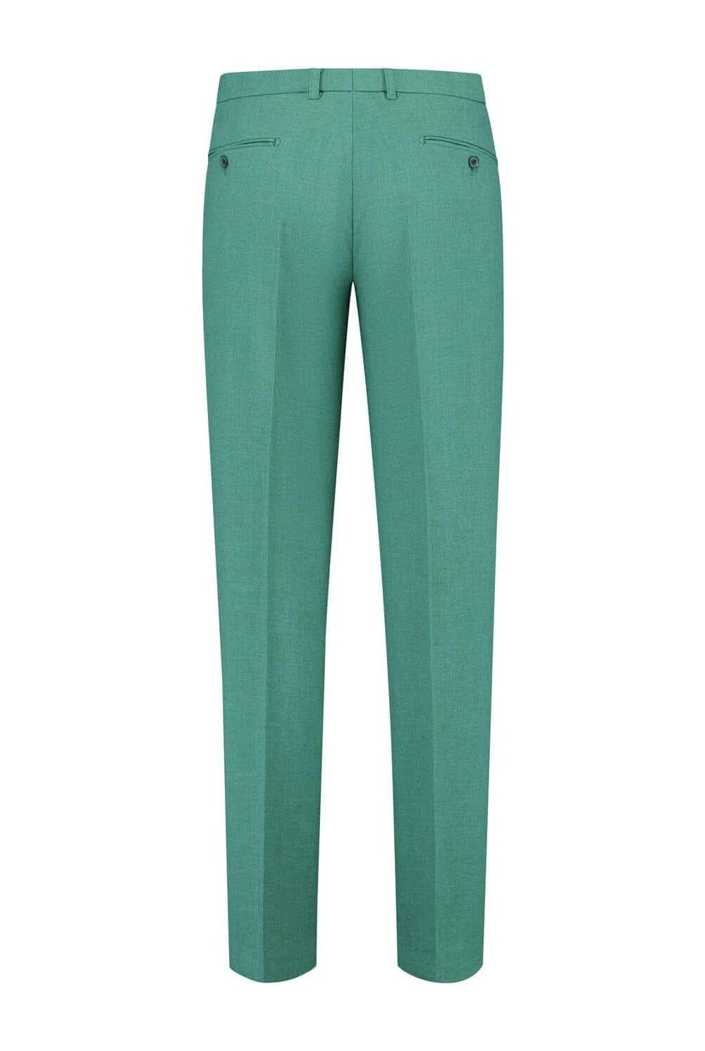 Pak ceder groen 3-delig, stijlvolle groene pantalon van hoge kwaliteit, achterkant zichtbaar.