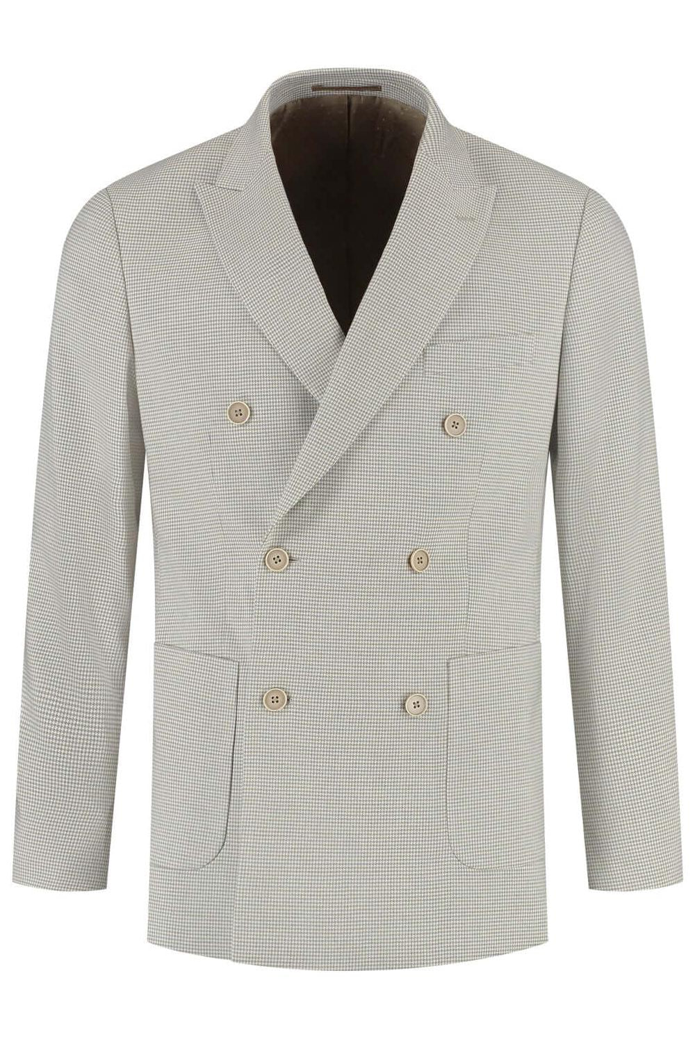 Double-breasted pied-de-poule beige jas met knopen en elegante uitstraling.