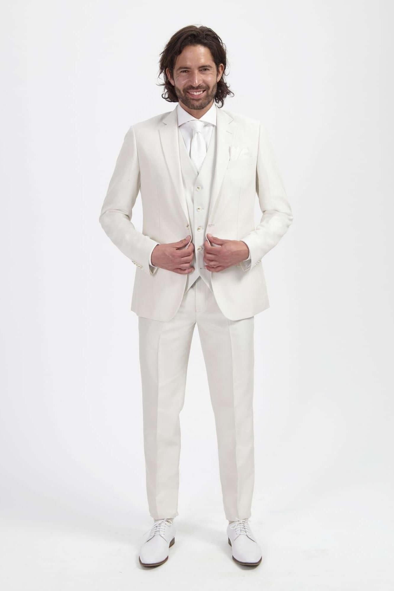 Pak ivoorwit 3-delig, ademende stof, slimme pasvorm, ivoorwit pak voor speciale gelegenheden.