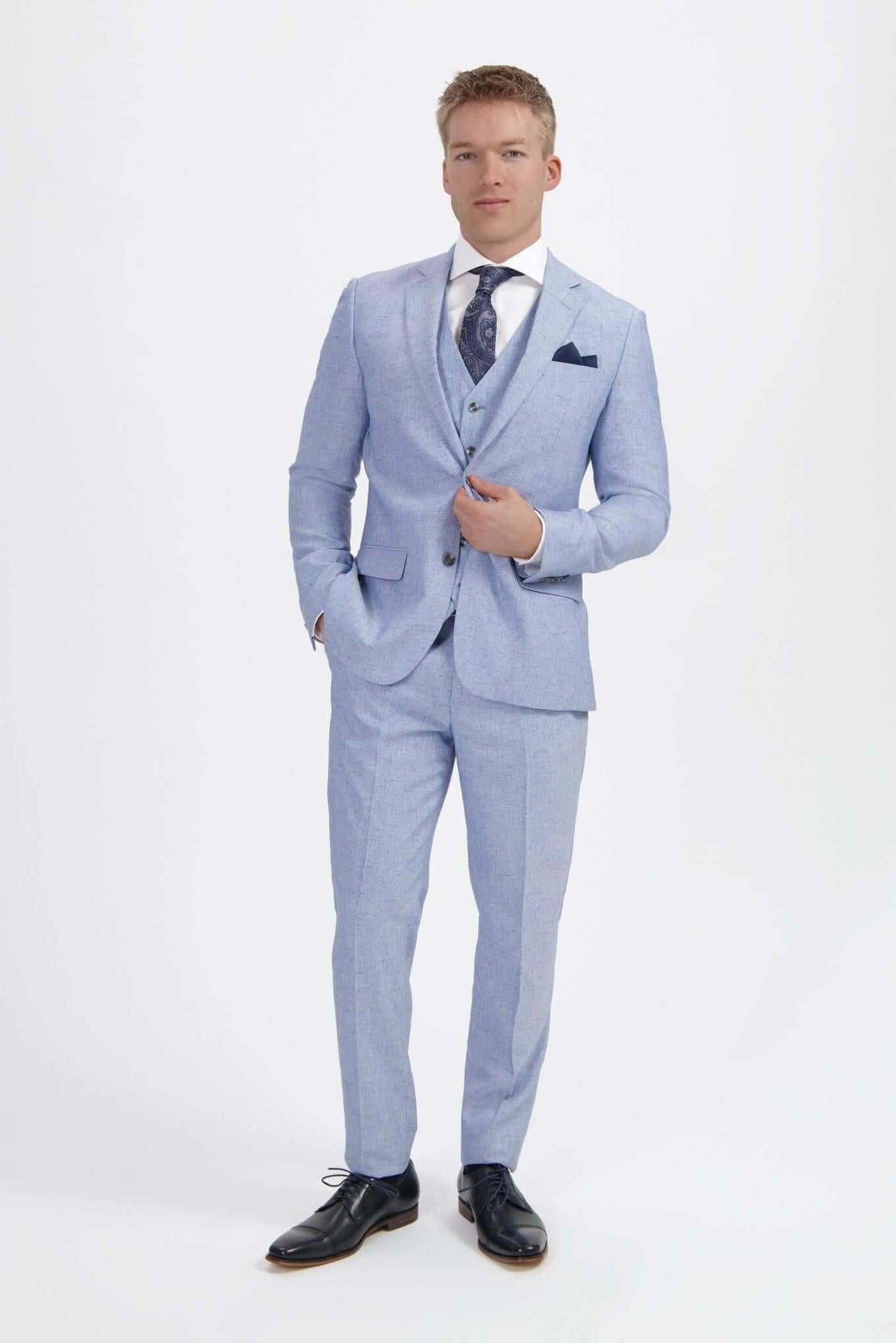 Pak linnenblend duifblauw 3-delig, ademend linnenblend pak in duifblauw voor heren.