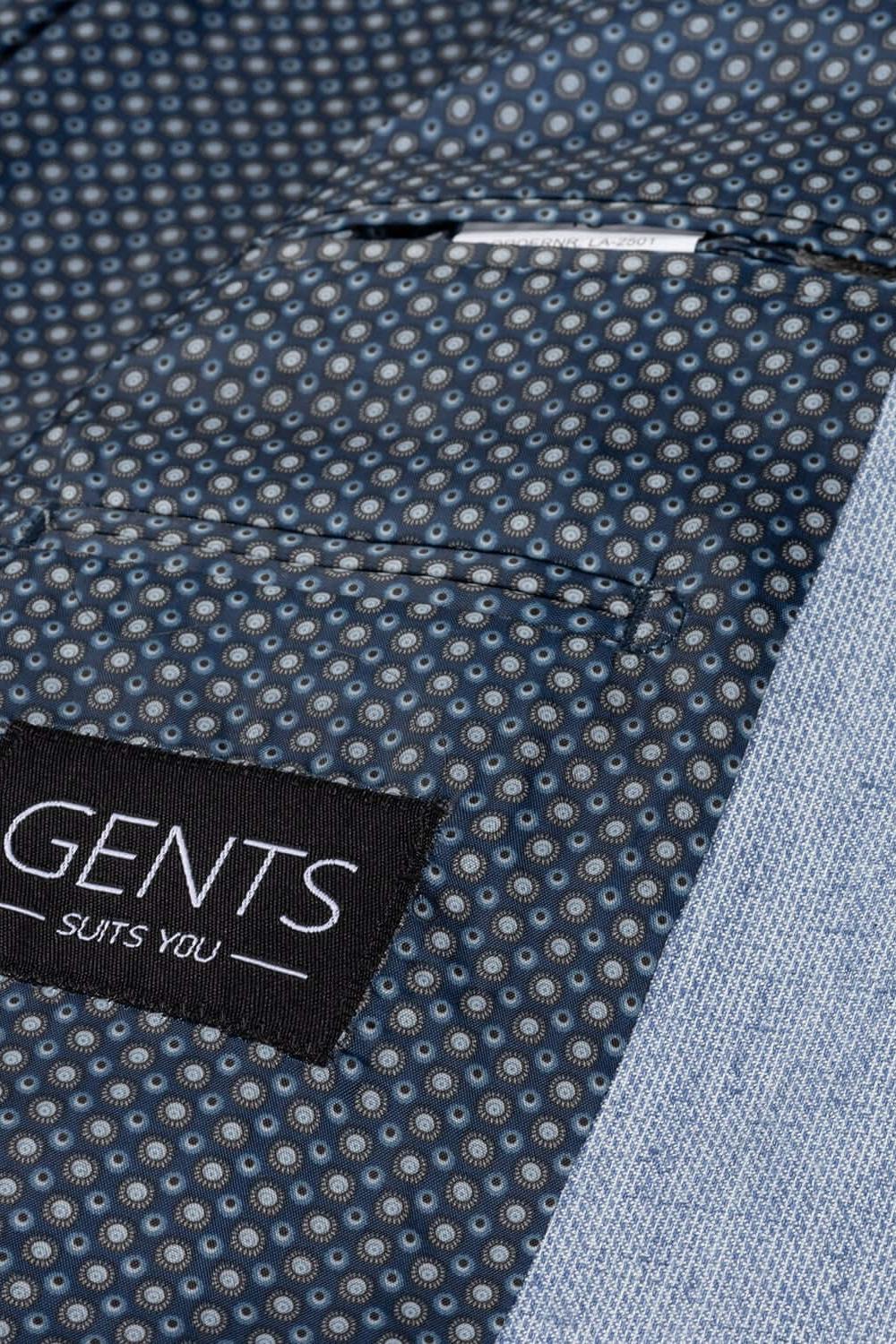 Pak linnenblend duifblauw binnenvoering met het label GENTS SUITS YOU en elegante patronen.