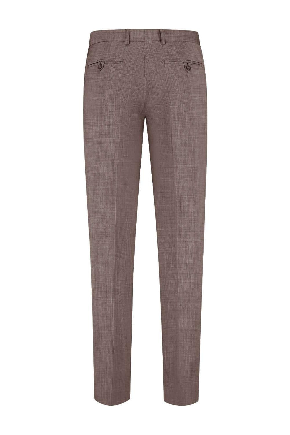 Pak melange cacao-bruin broek van achterzijde, elegant design voor zakelijke gelegenheden.