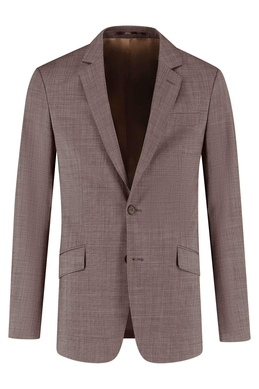 Pak melange cacao-bruin met reverskraag, perfect voor zakelijke gelegenheden.