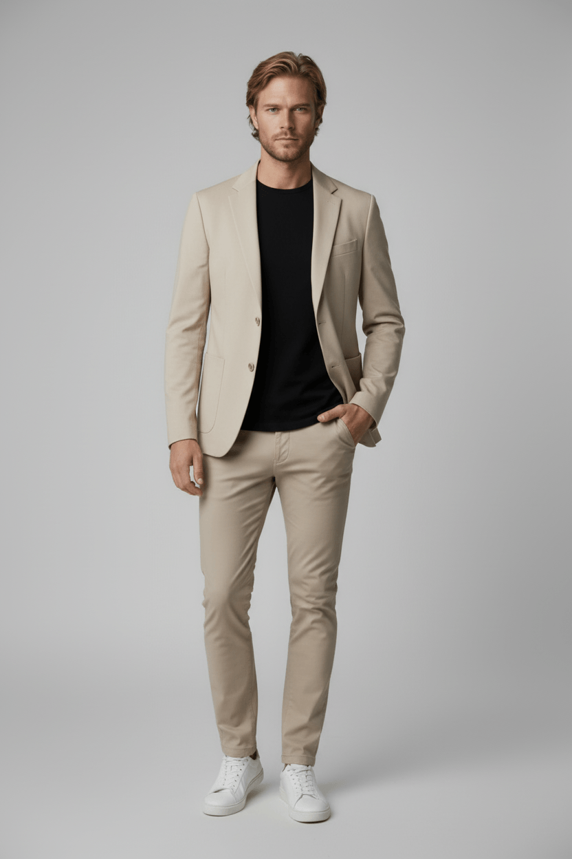 Pak 2-delig stretch beige suit with a sleek design, styled with a black shirt and white sneakers.
