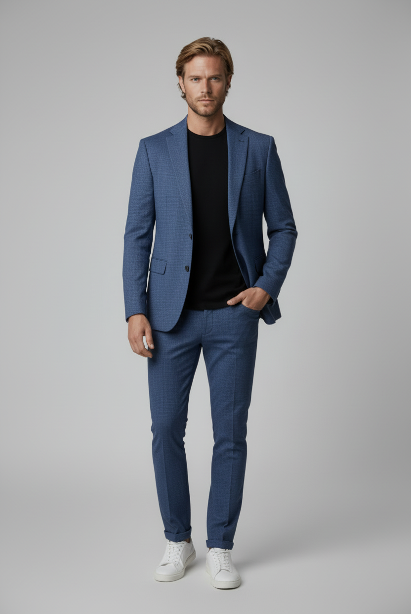 Pak Stretch Birdseye Blauw 2-delig