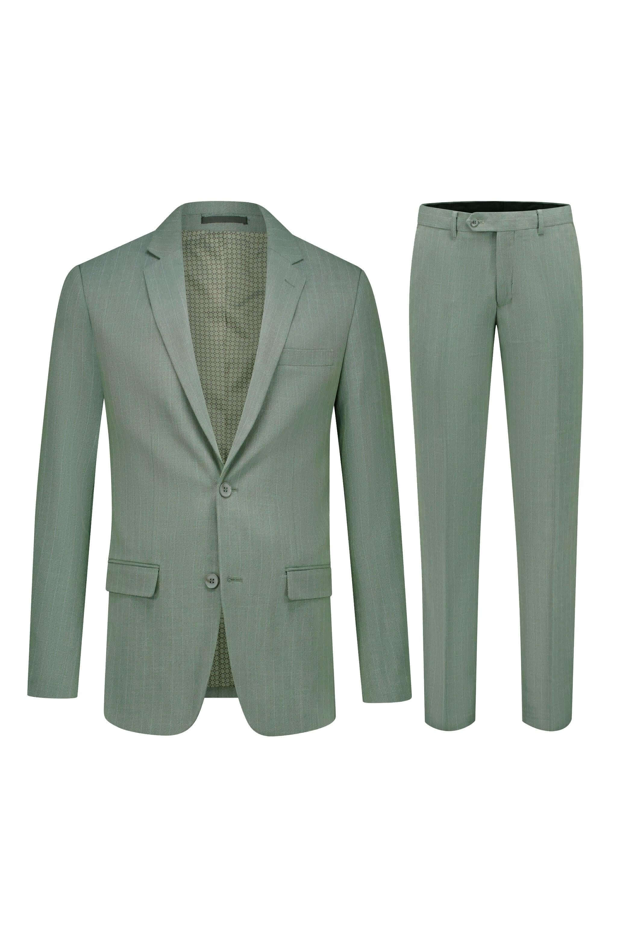 Pak pinstripe groen 3-delig set met jasje en broek, perfect voor een stijlvolle outfit.