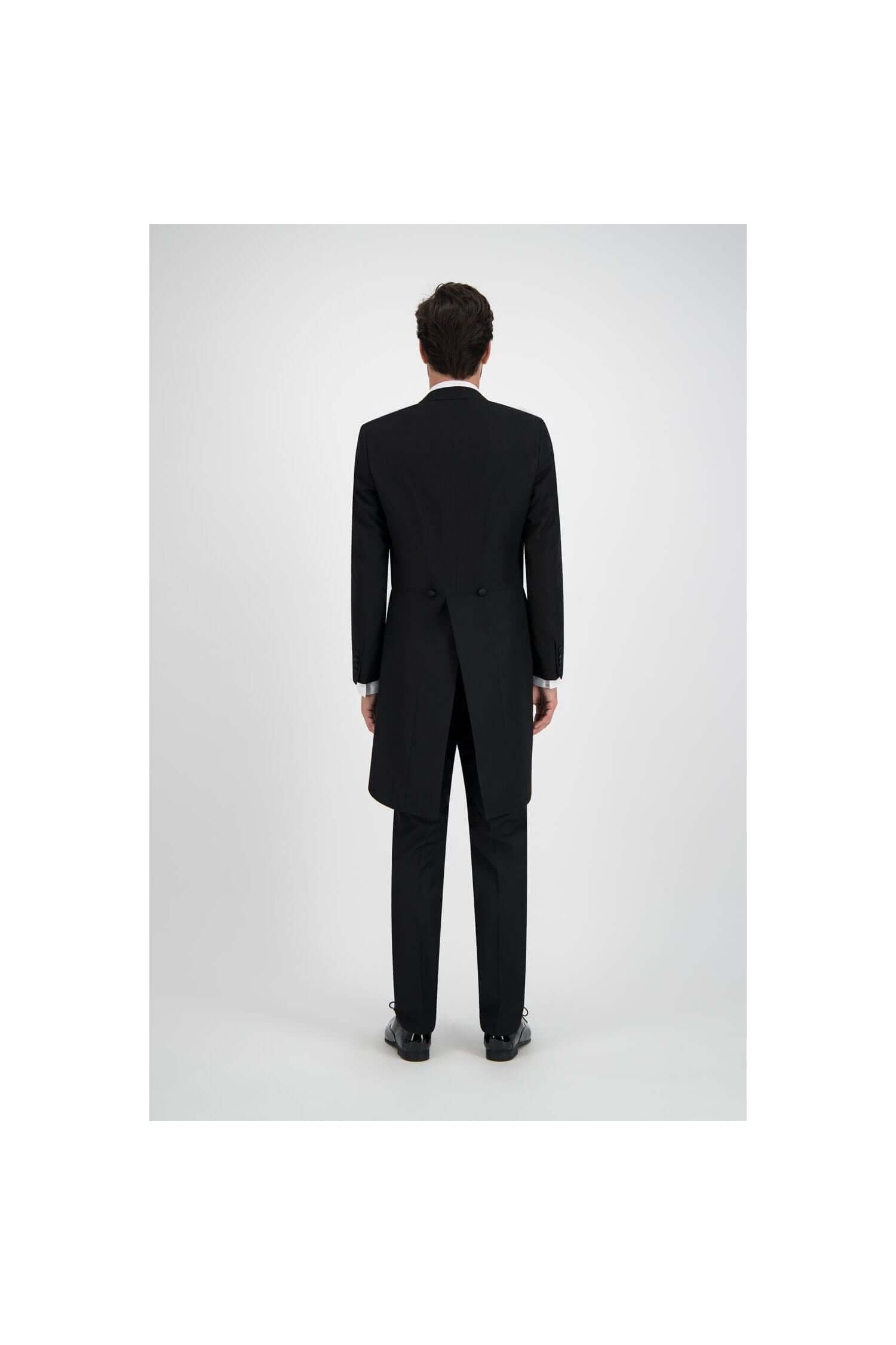 Rokkostuum compleet, zwart formeel kostuum gezien van achteren voor dresscode gelegenheden.