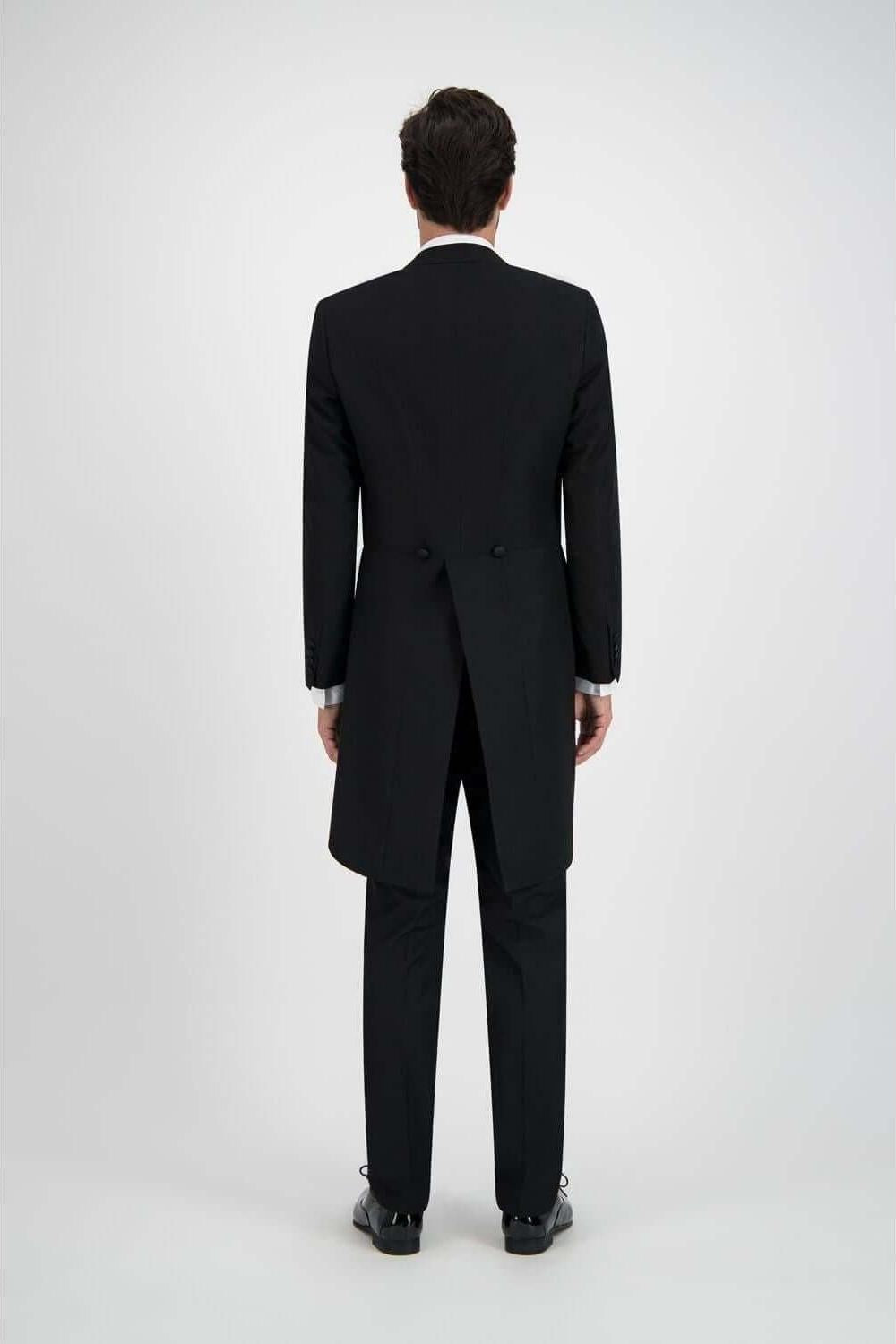 Rokkostuum compleet, zwart formeel kostuum gezien van achteren voor dresscode gelegenheden.