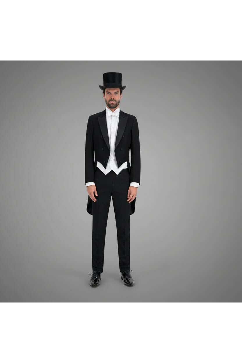 Rokkostuum compleet voor formele gelegenheden met strikte dresscode, man in tuxedo met hoge hoed.