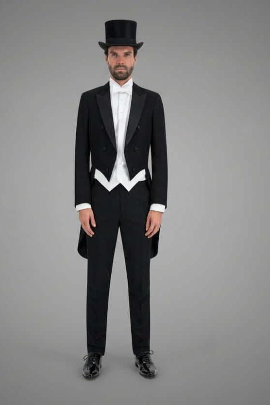 Rokkostuum compleet voor formele gelegenheden met strikte dresscode, man in tuxedo met hoge hoed.