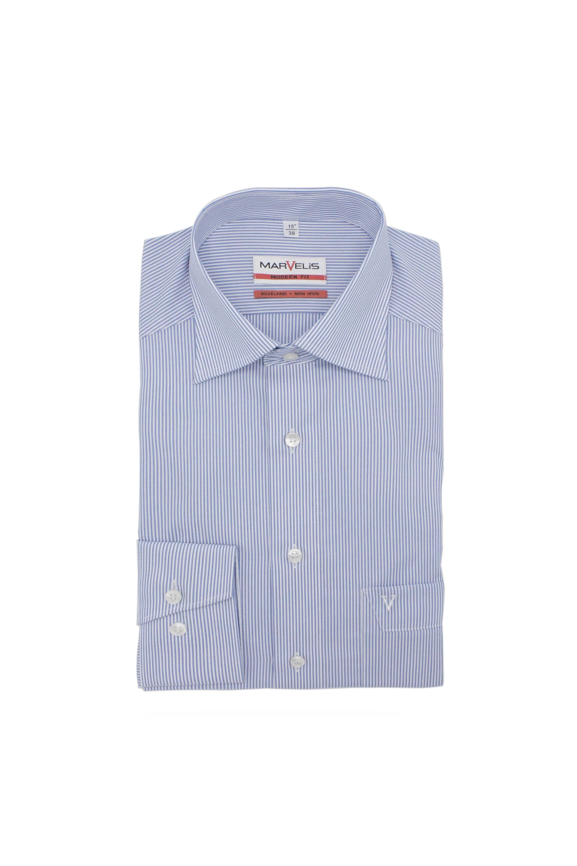 Marvelis modern-fit streep blauw, blauw-wit gestreept overhemd van 100% katoen, netjes gestreken en gepresenteerd.