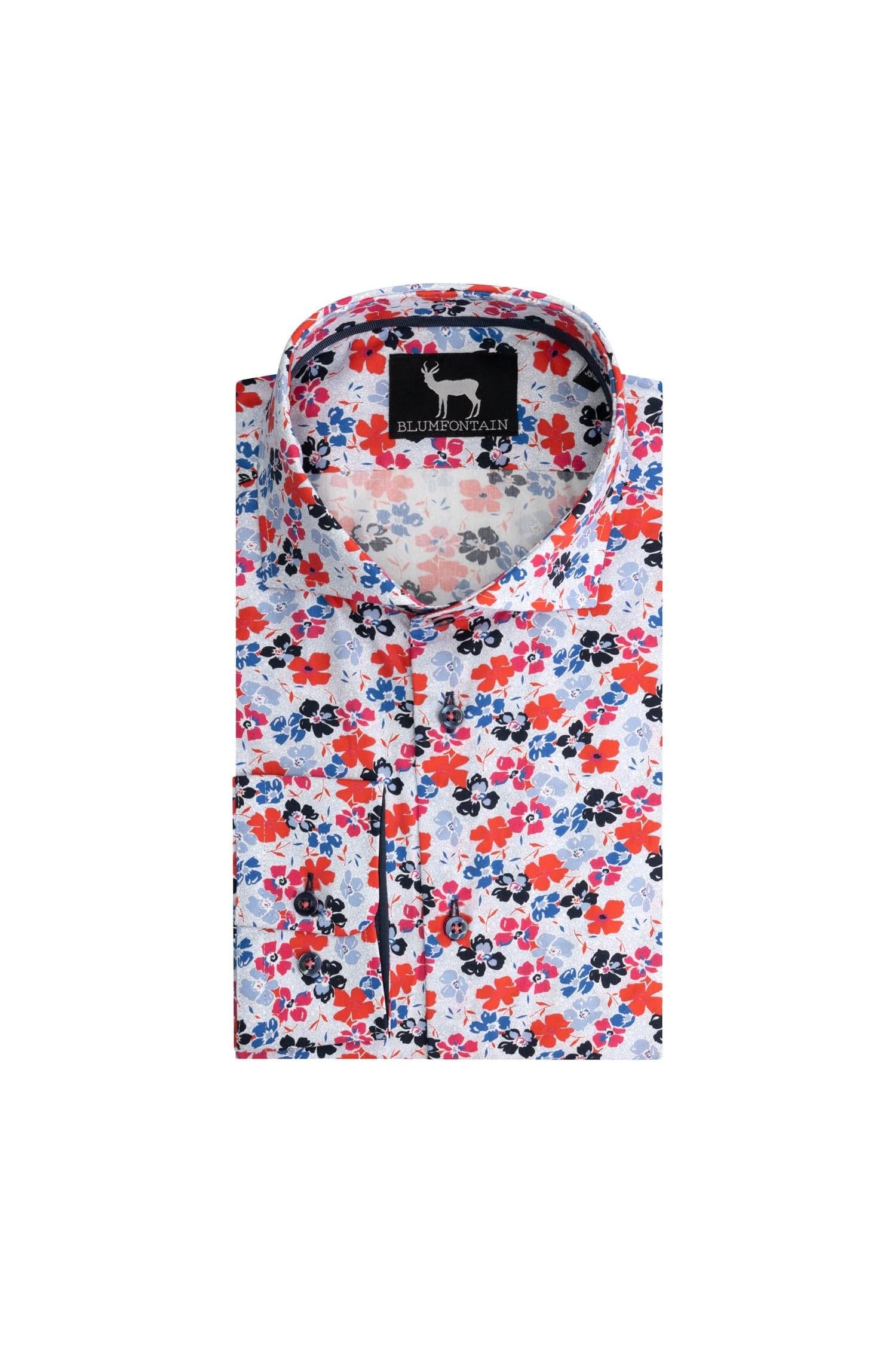 Blumfontain print bloem rood katoenen overhemd met rode bloemenprint, perfect voor een frisse look.