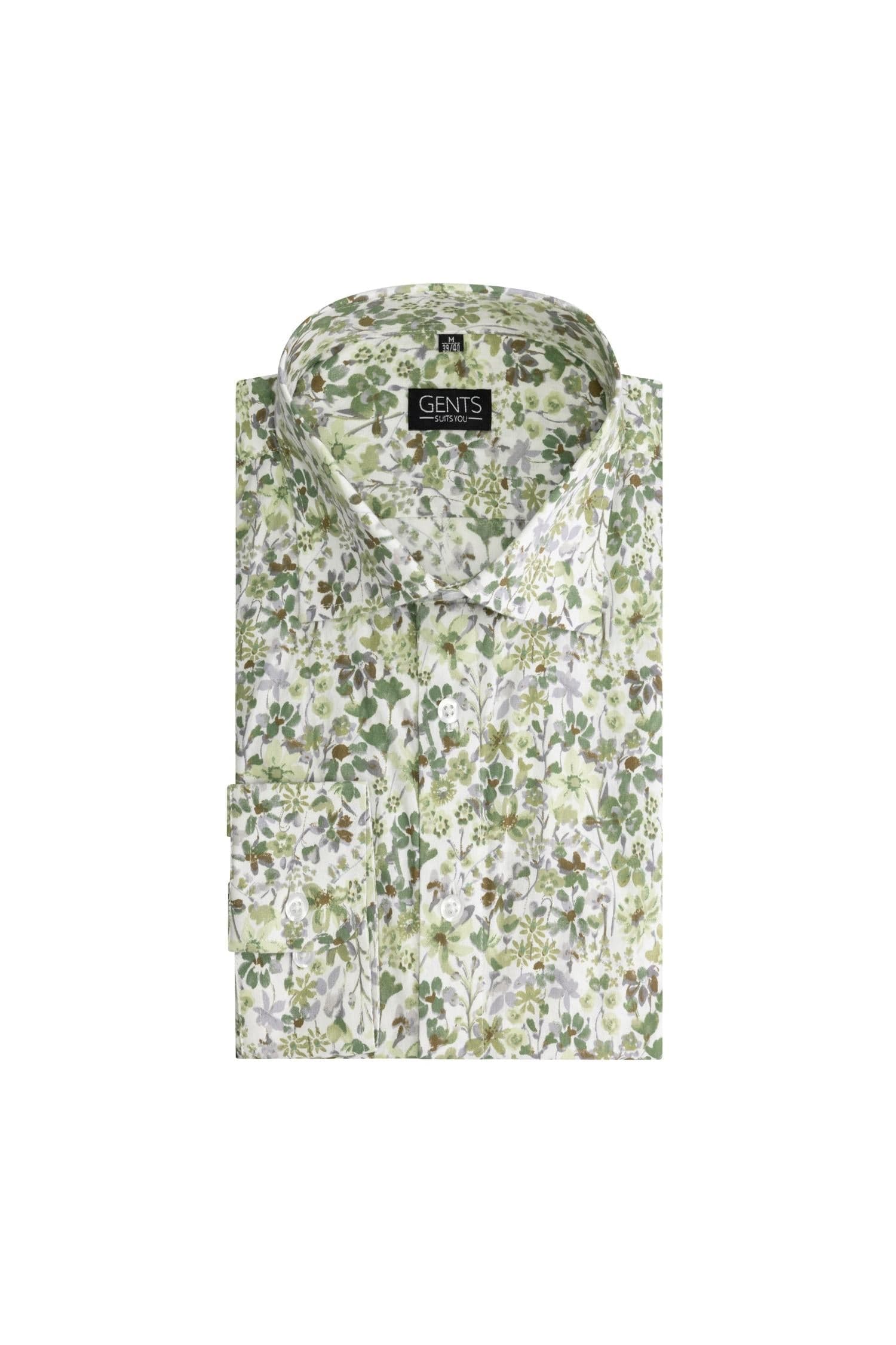 Print bloem groen: groen overhemd met bloemenprint, klassieke kraag en knoopsluiting.