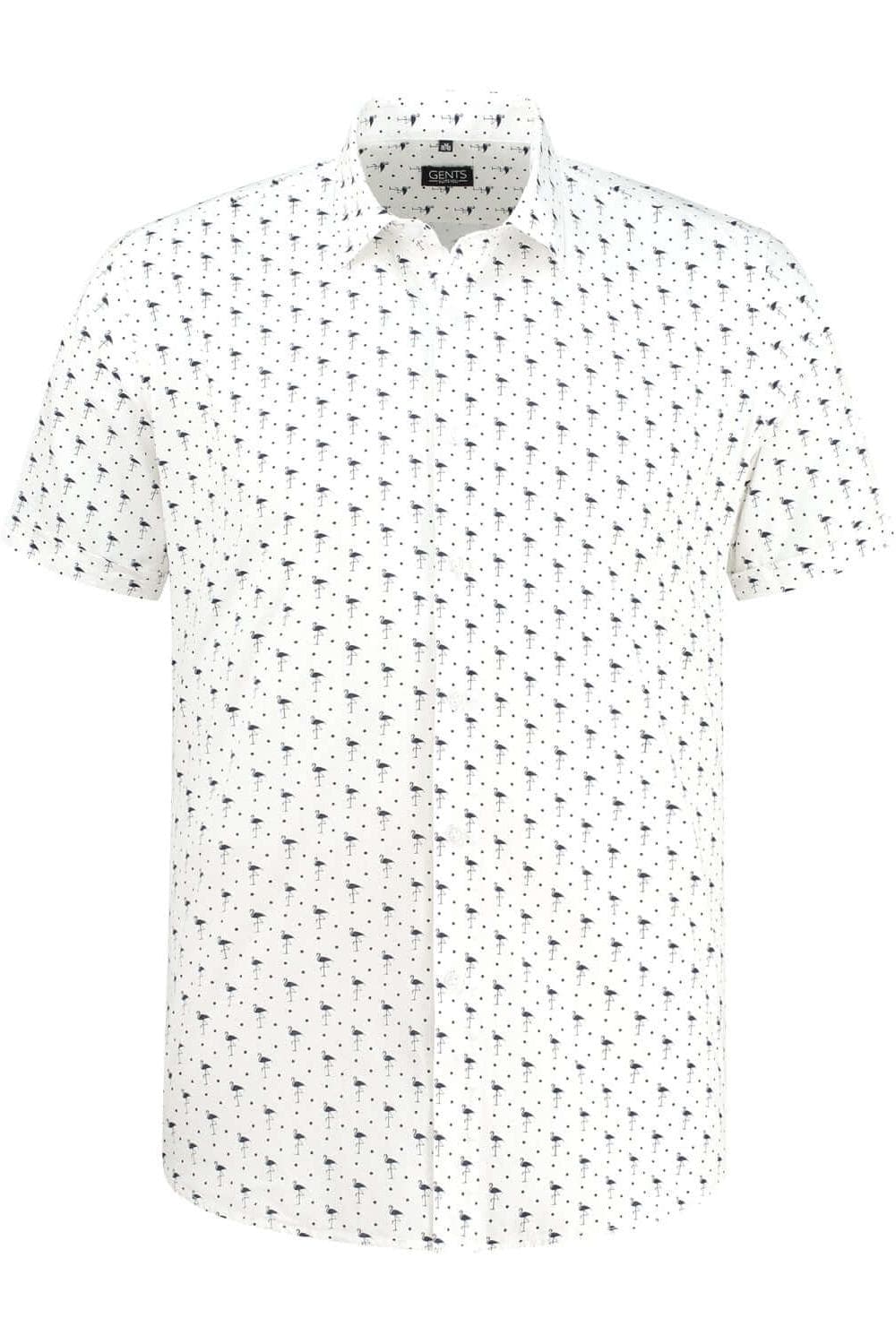 Korte mouw pelikaan blauw luchtig katoenen overhemd met pelikanprint en korte mouwen.