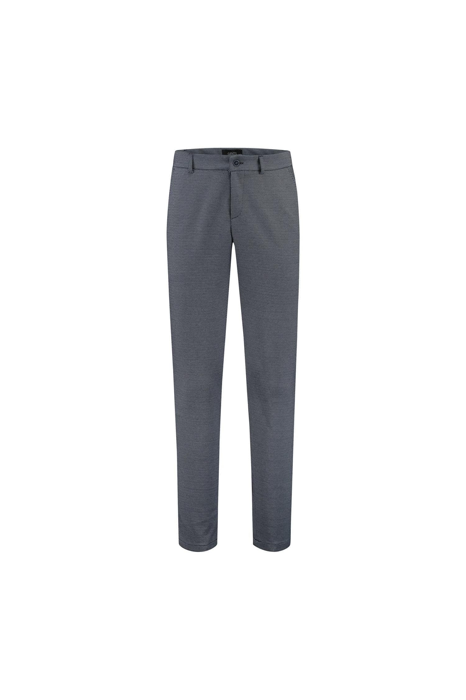 Chino slim blokje blauwgrijs met ruime zakken en knoop-ritssluiting, model in blauwgrijs met stretch.