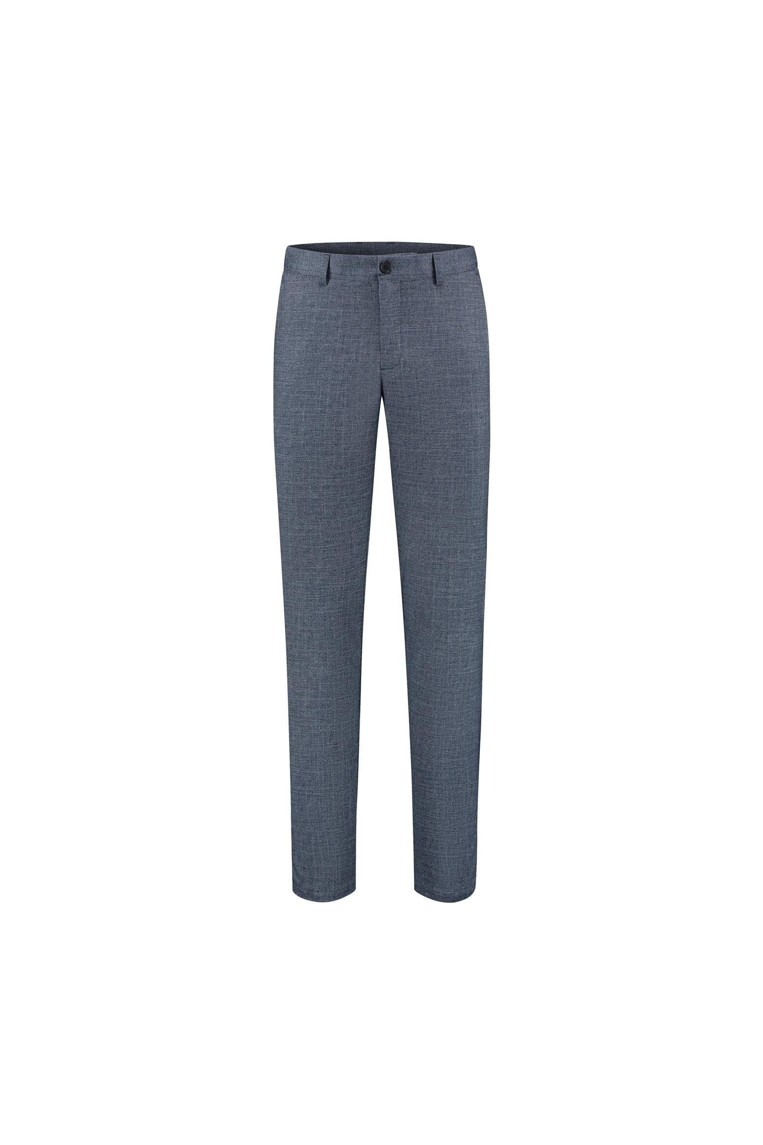 Pantalon uni melange blauw: Slim-fit kreukarme broek in blauw-melange met flat-front en riemlussen.